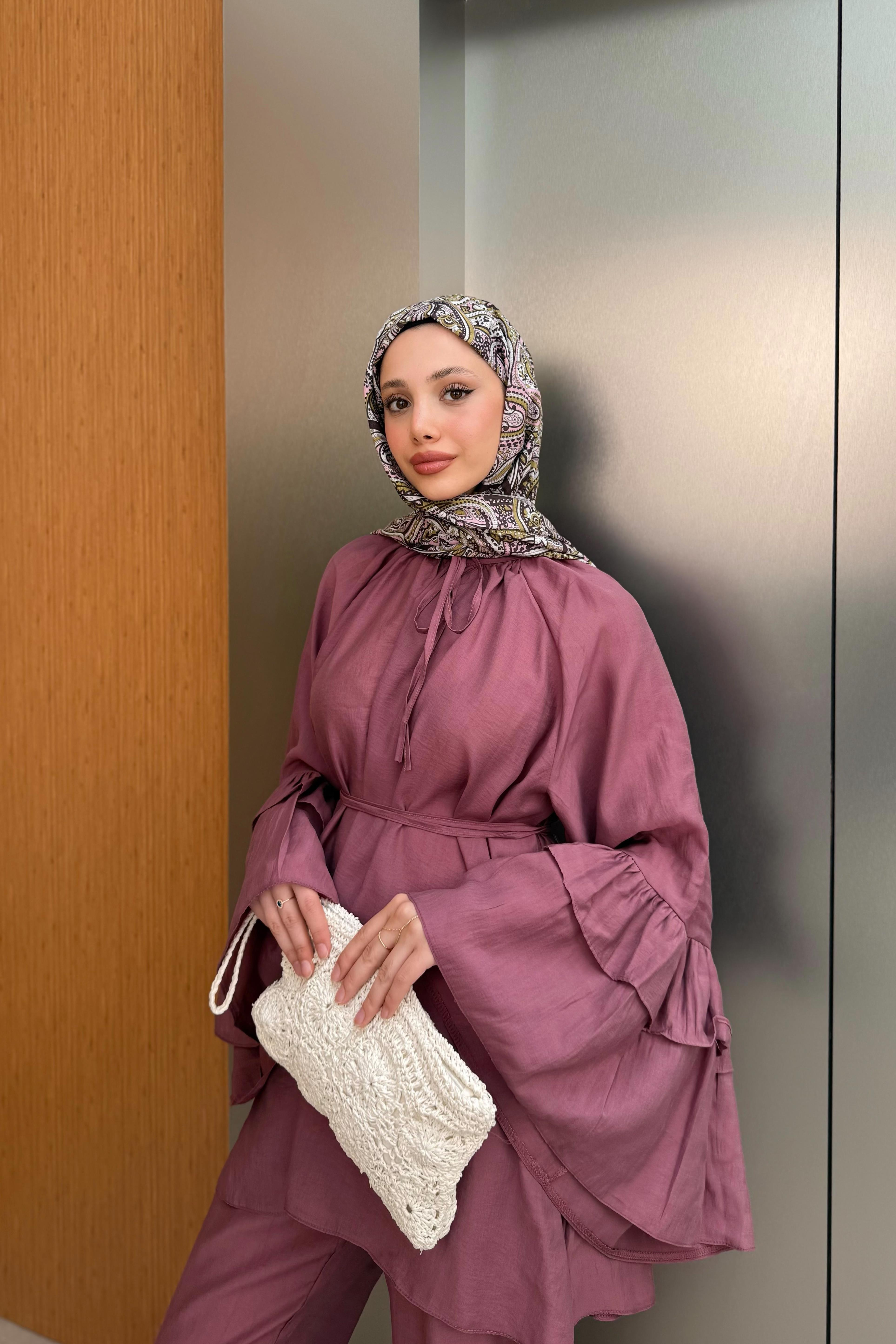 Fırfır Kollu Modal Pantolonlu Takım - Mürdüm