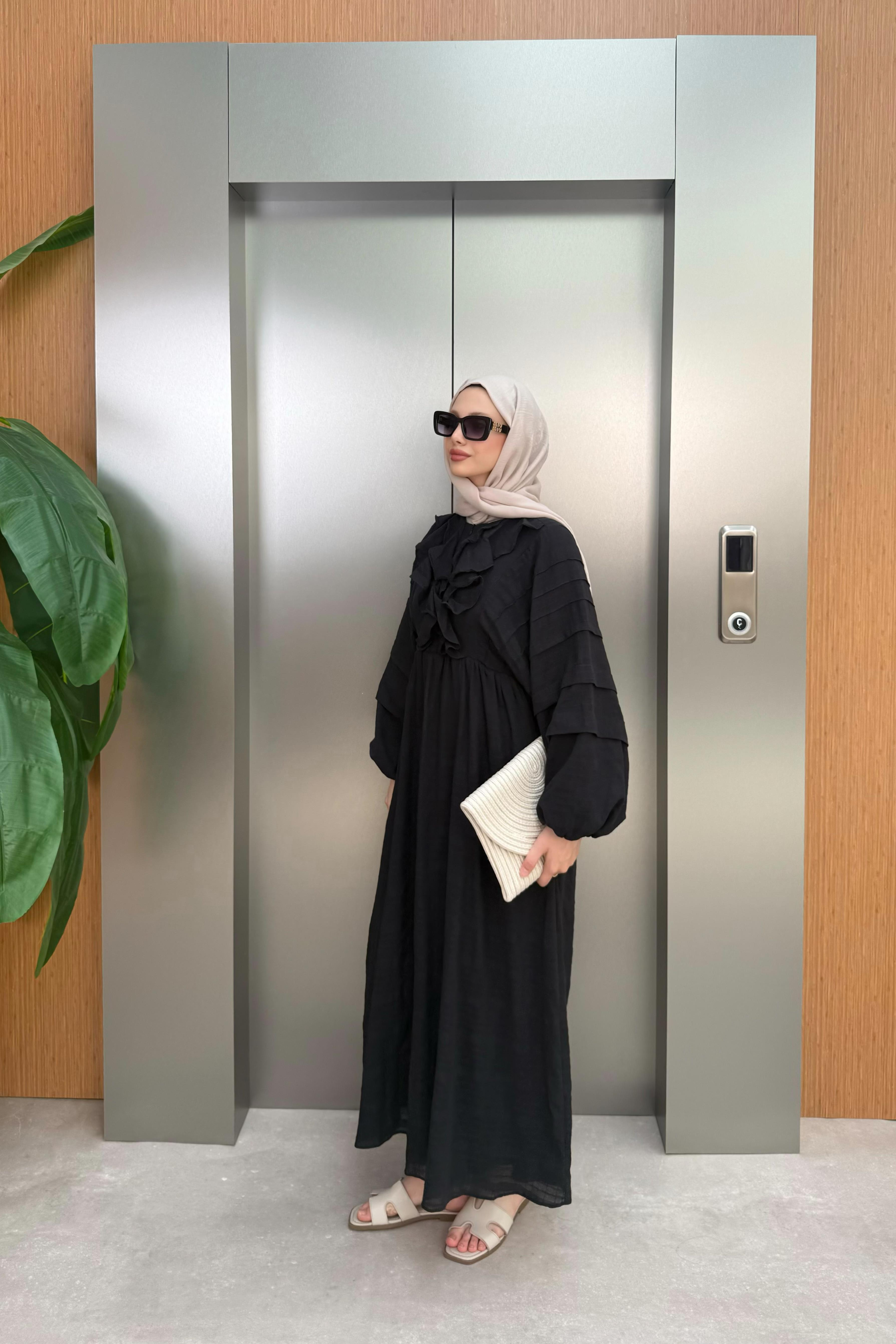 Fırfırlı Keten Elbise - Siyah