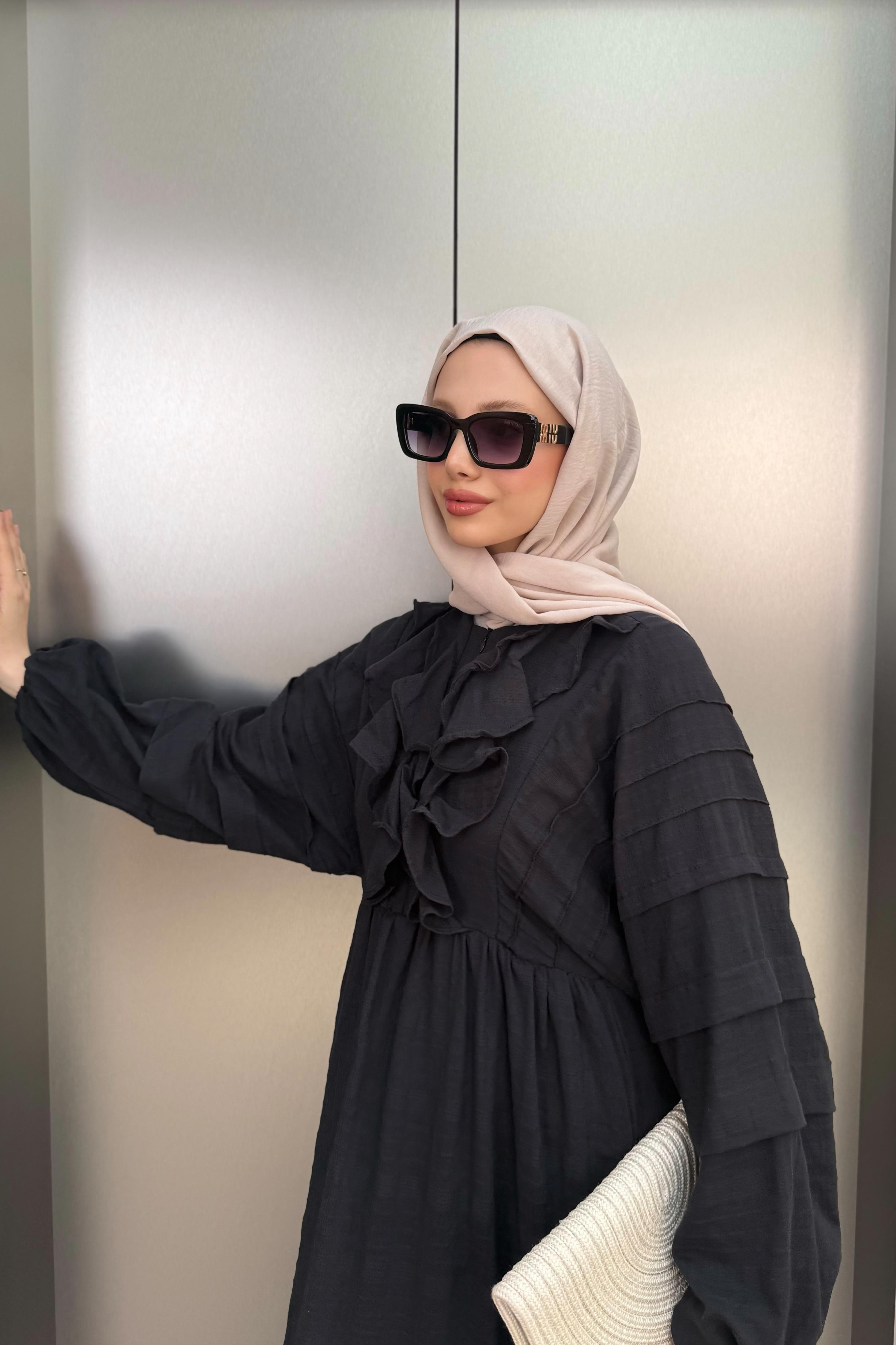 Fırfırlı Keten Elbise - Siyah