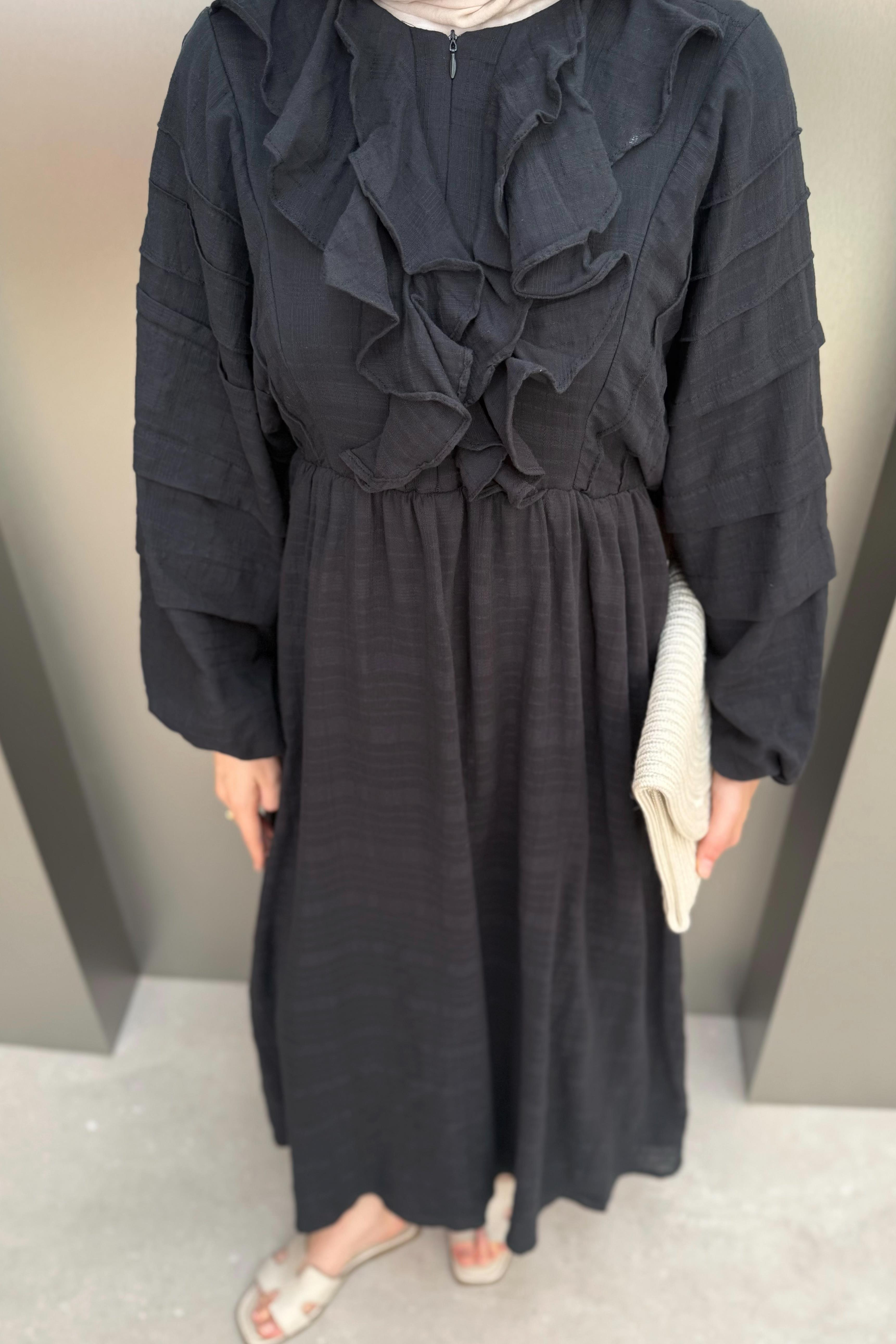 Fırfırlı Keten Elbise - Siyah