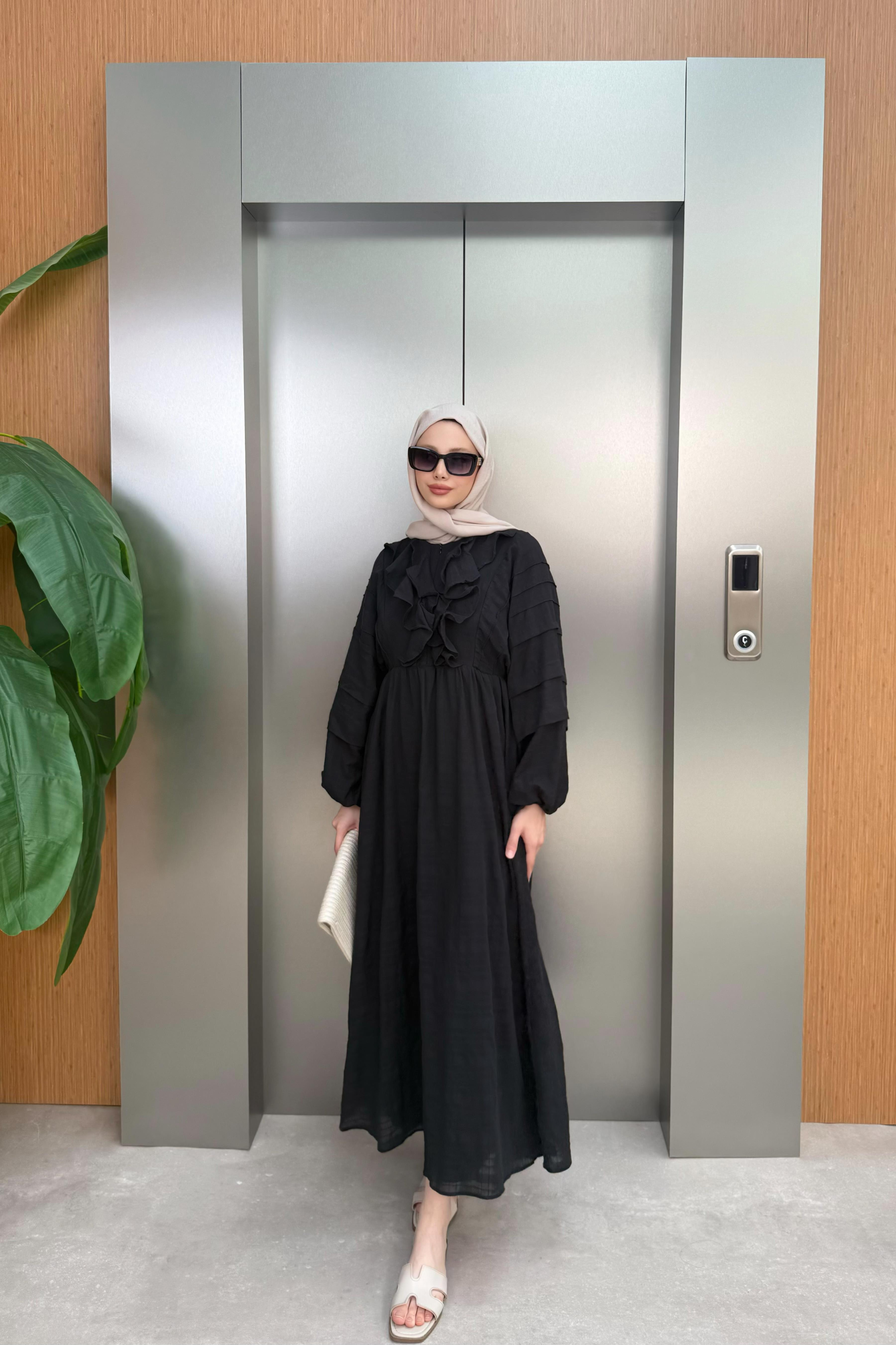 Fırfırlı Keten Elbise - Siyah