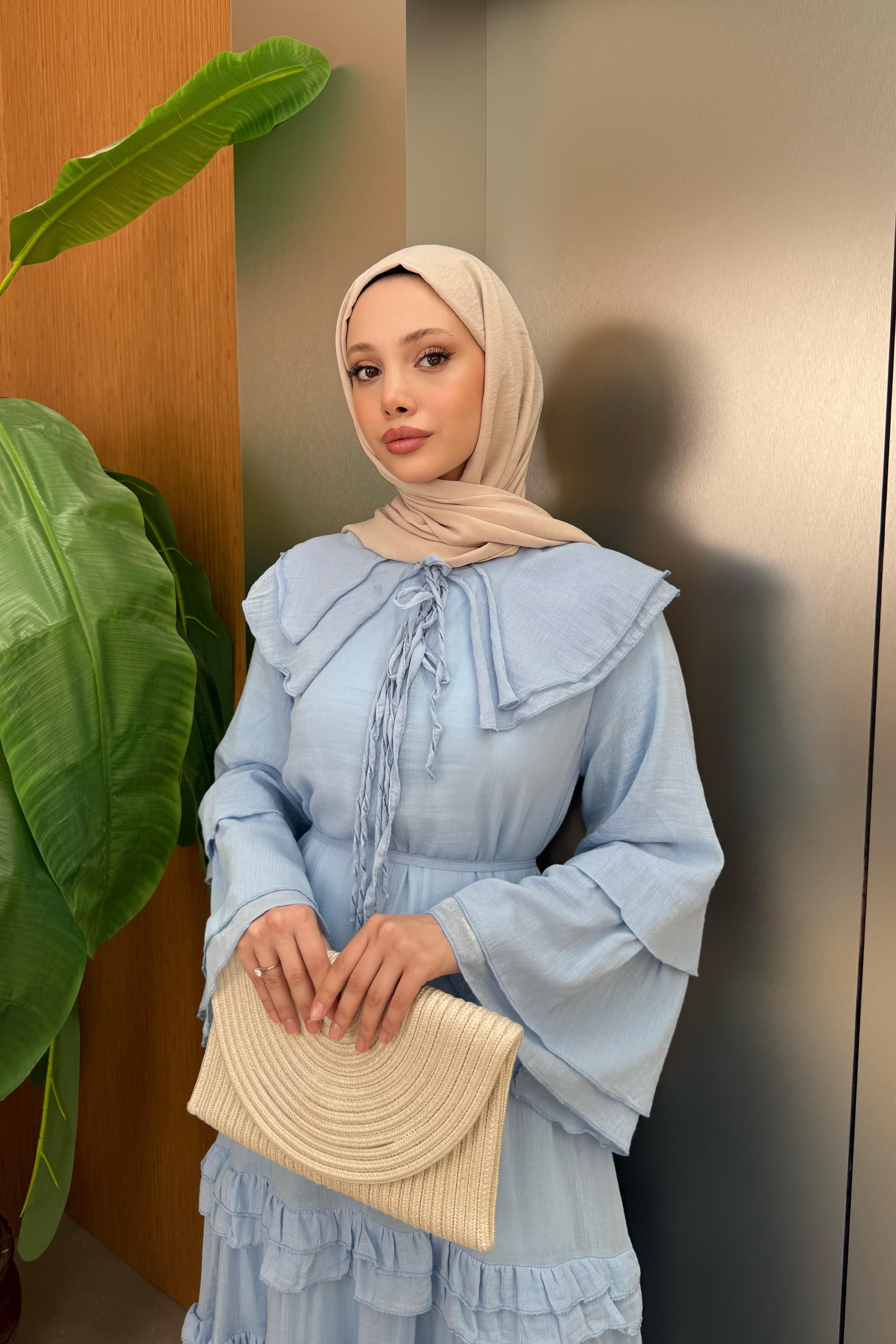 Fırfırlı Müslin Elbise - Mavi