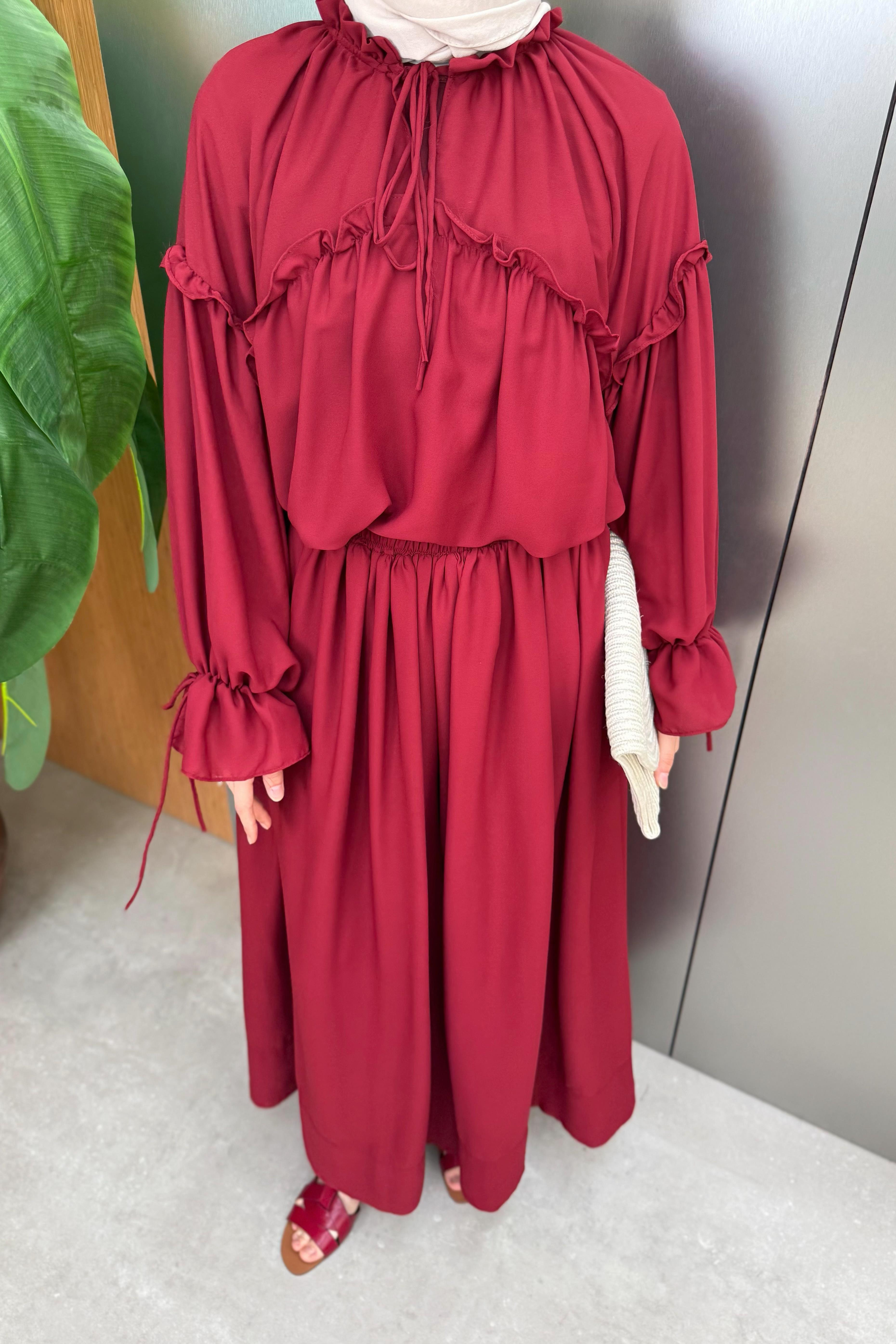 Fırfırlı Şifon Pantolonlu Takım - Bordo