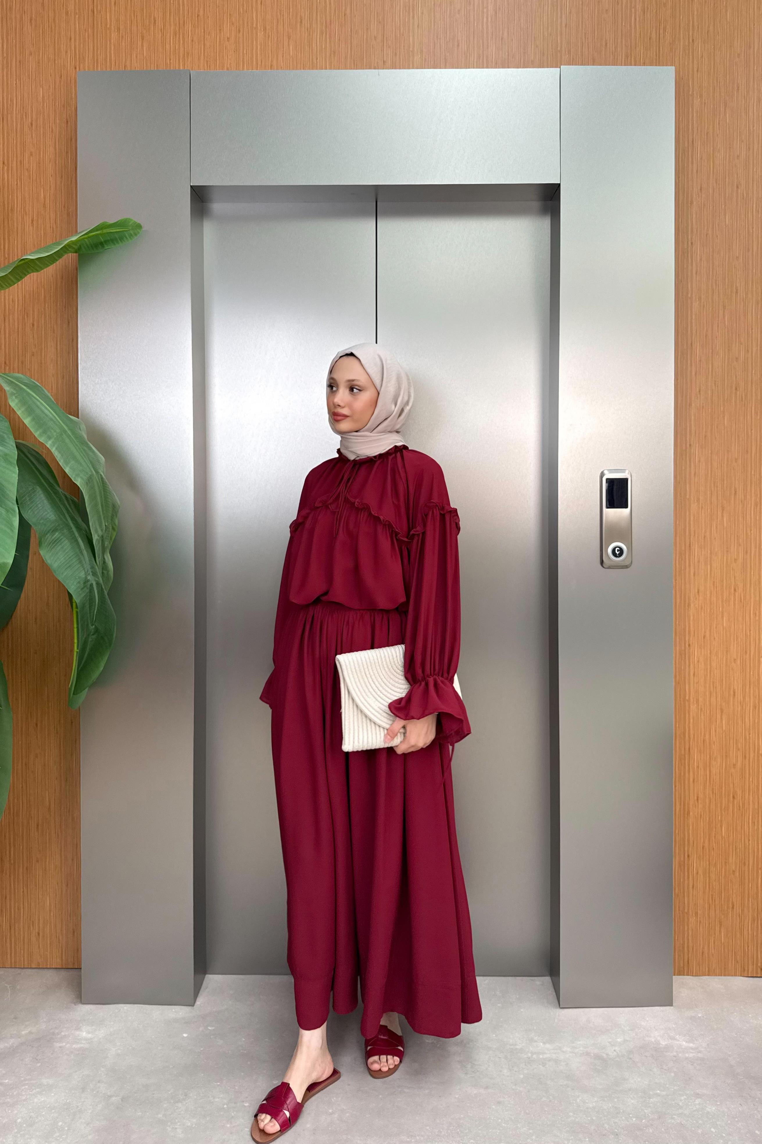 Fırfırlı Şifon Pantolonlu Takım - Bordo