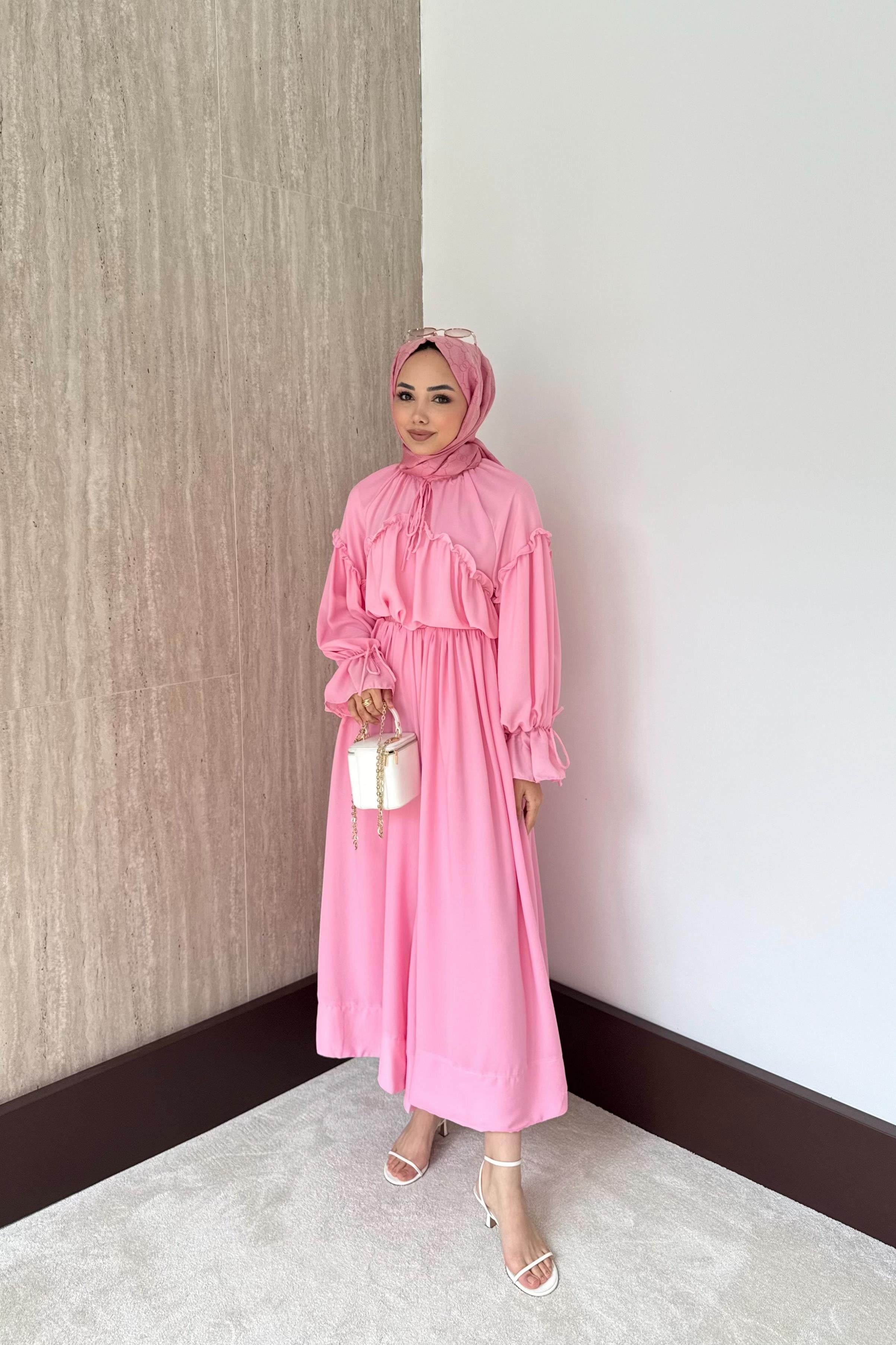 Fırfırlı Şifon Pantolonlu Takım - Pembe