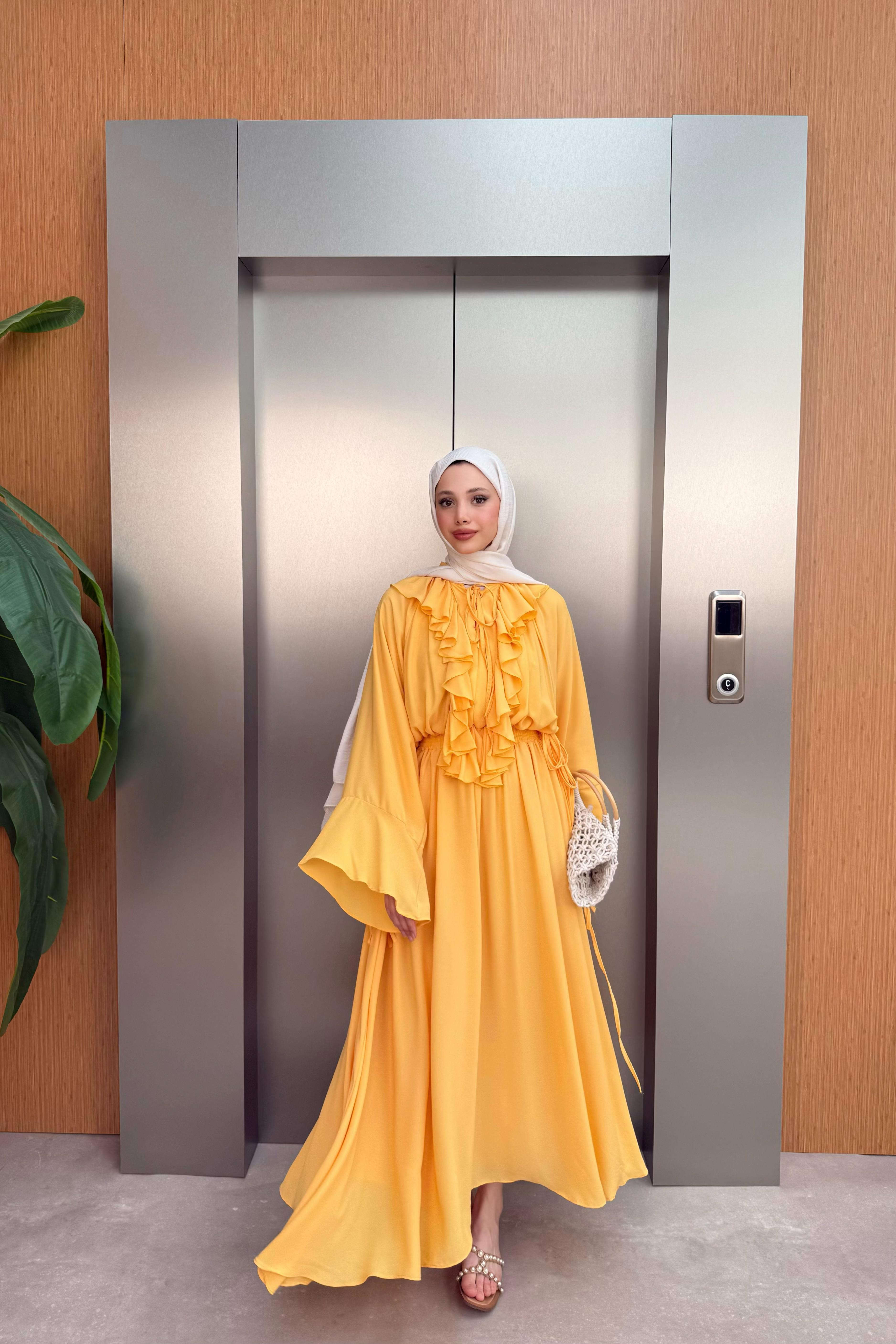 Fırfırlı Uzun Şifon Elbise - Sarı