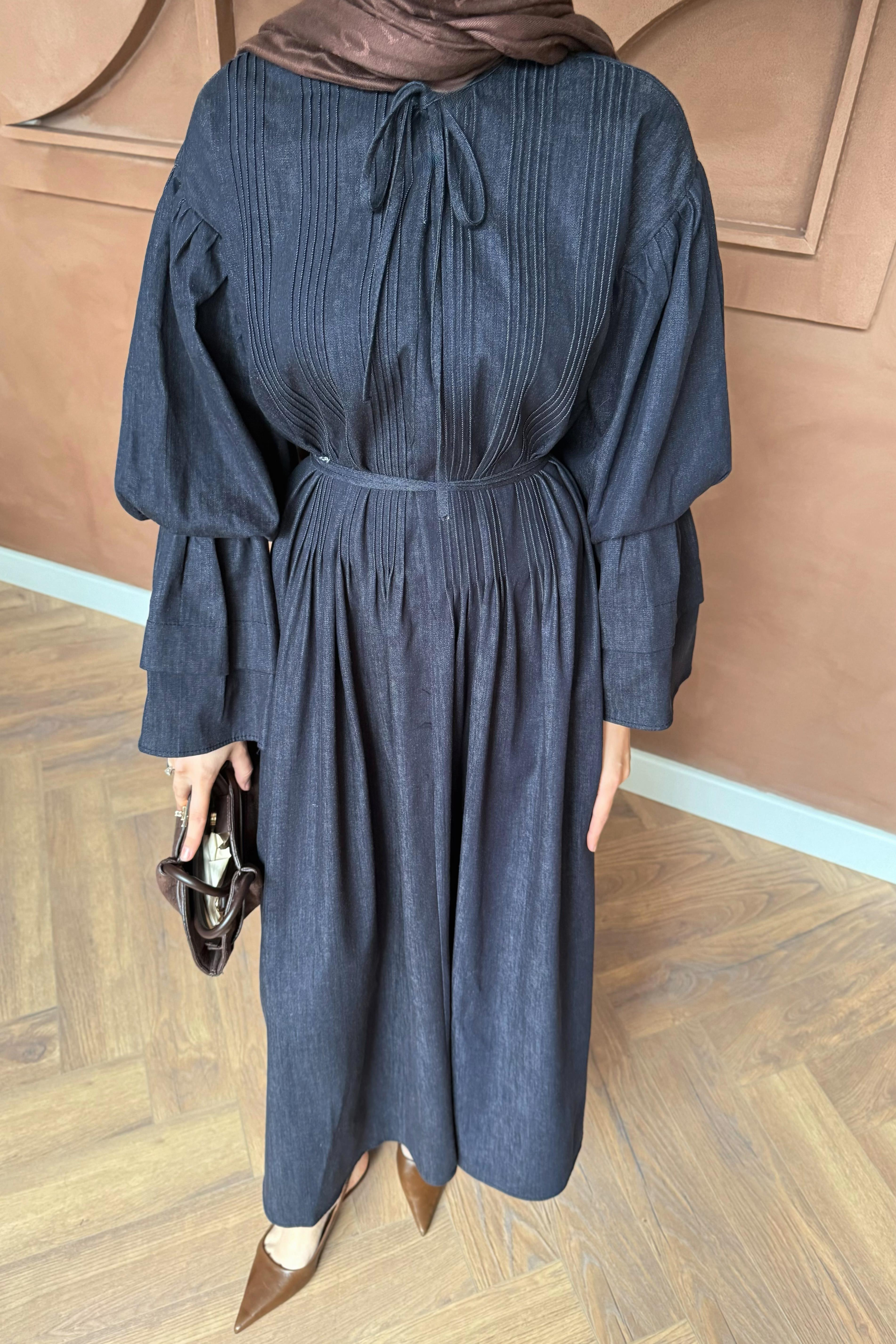 Fırfırlı Volan Kol Elbise - Mavi