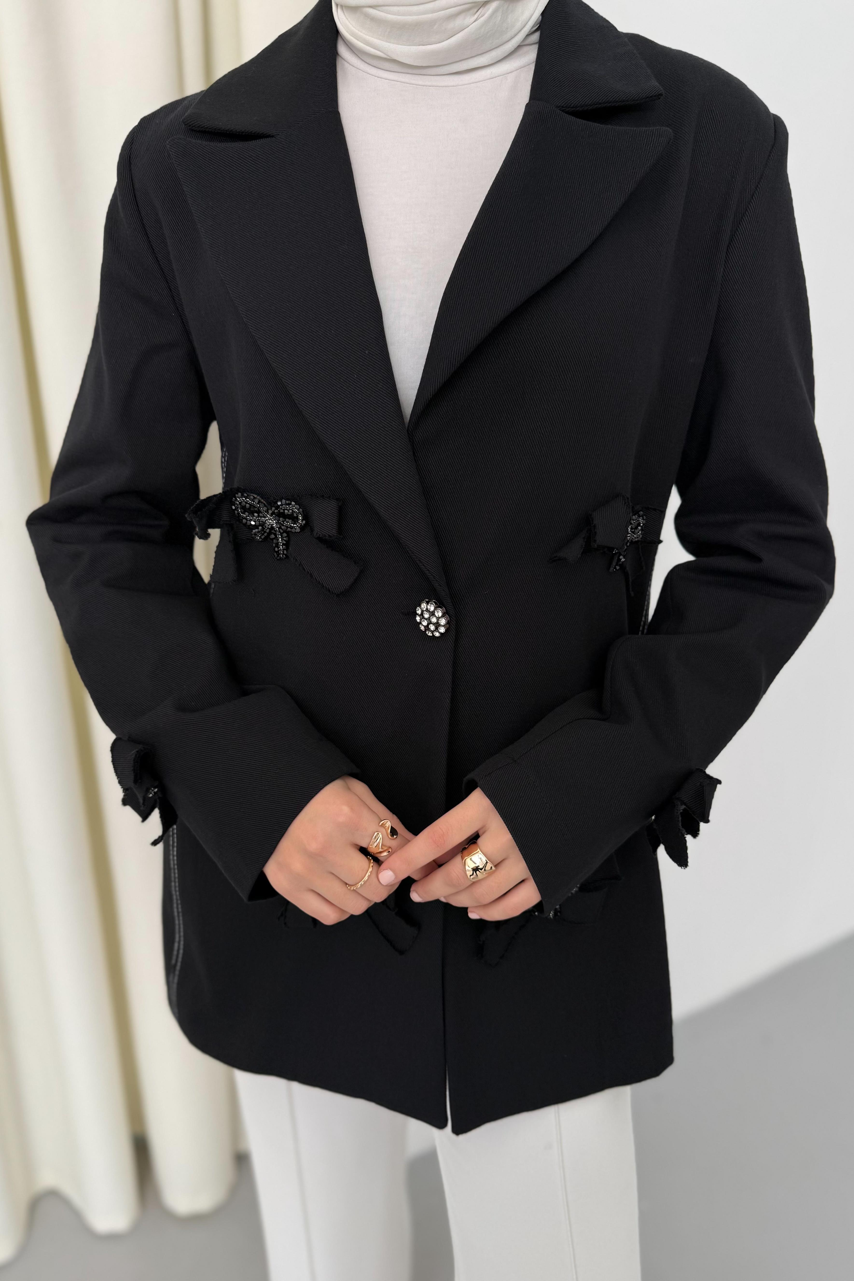 Fiyonklu Gabardin Ceket - Siyah