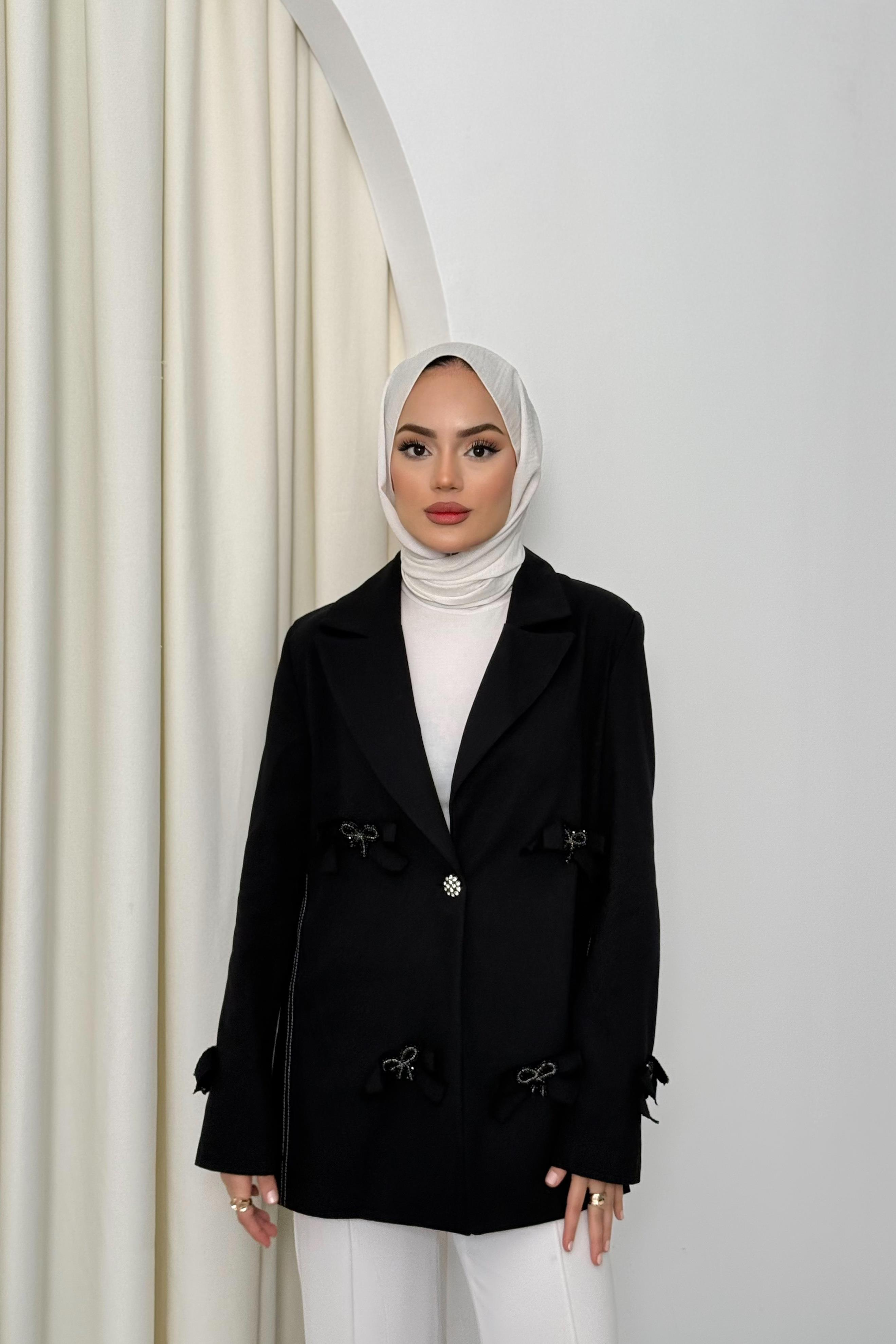 Fiyonklu Gabardin Ceket - Siyah