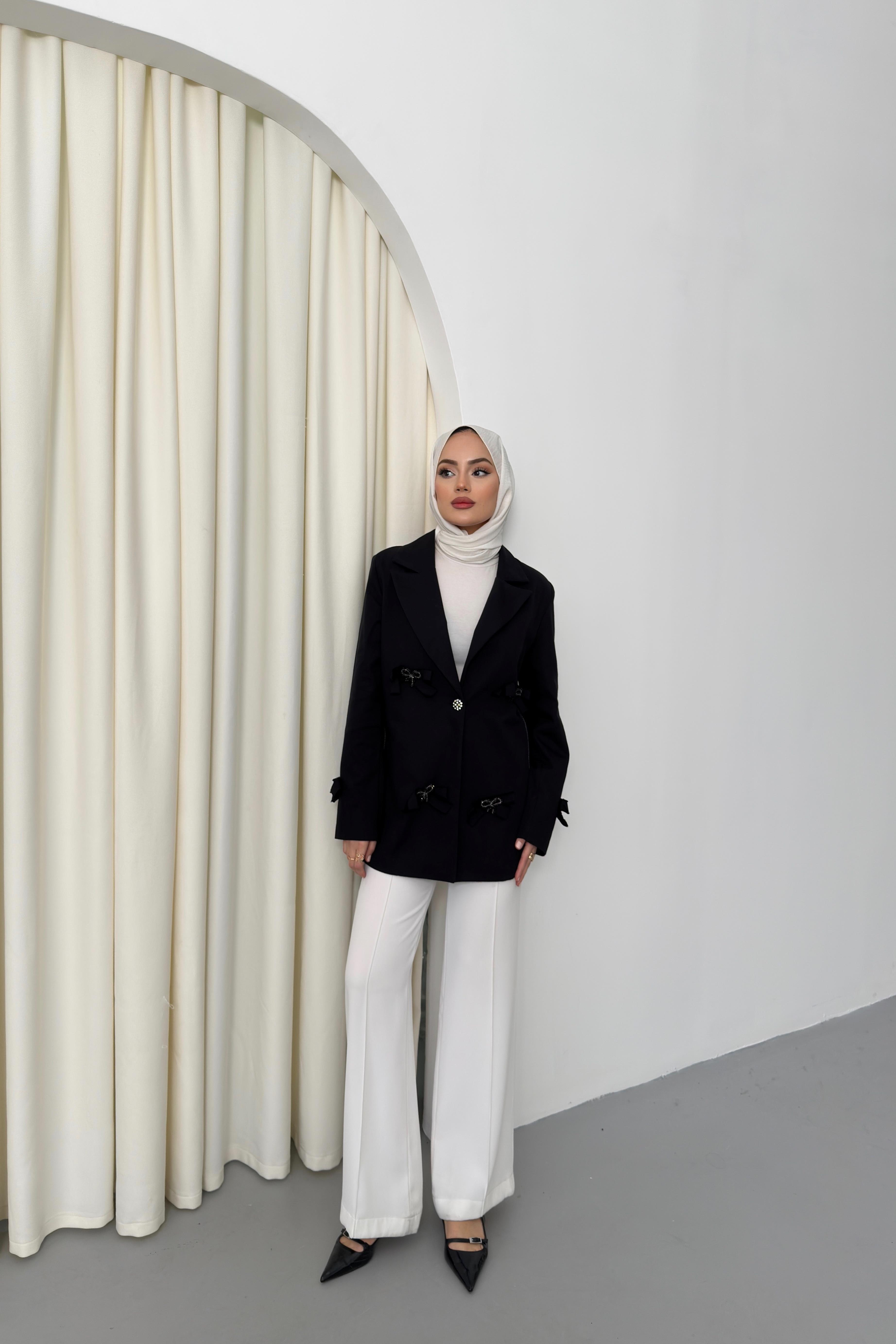 Fiyonklu Gabardin Ceket - Siyah