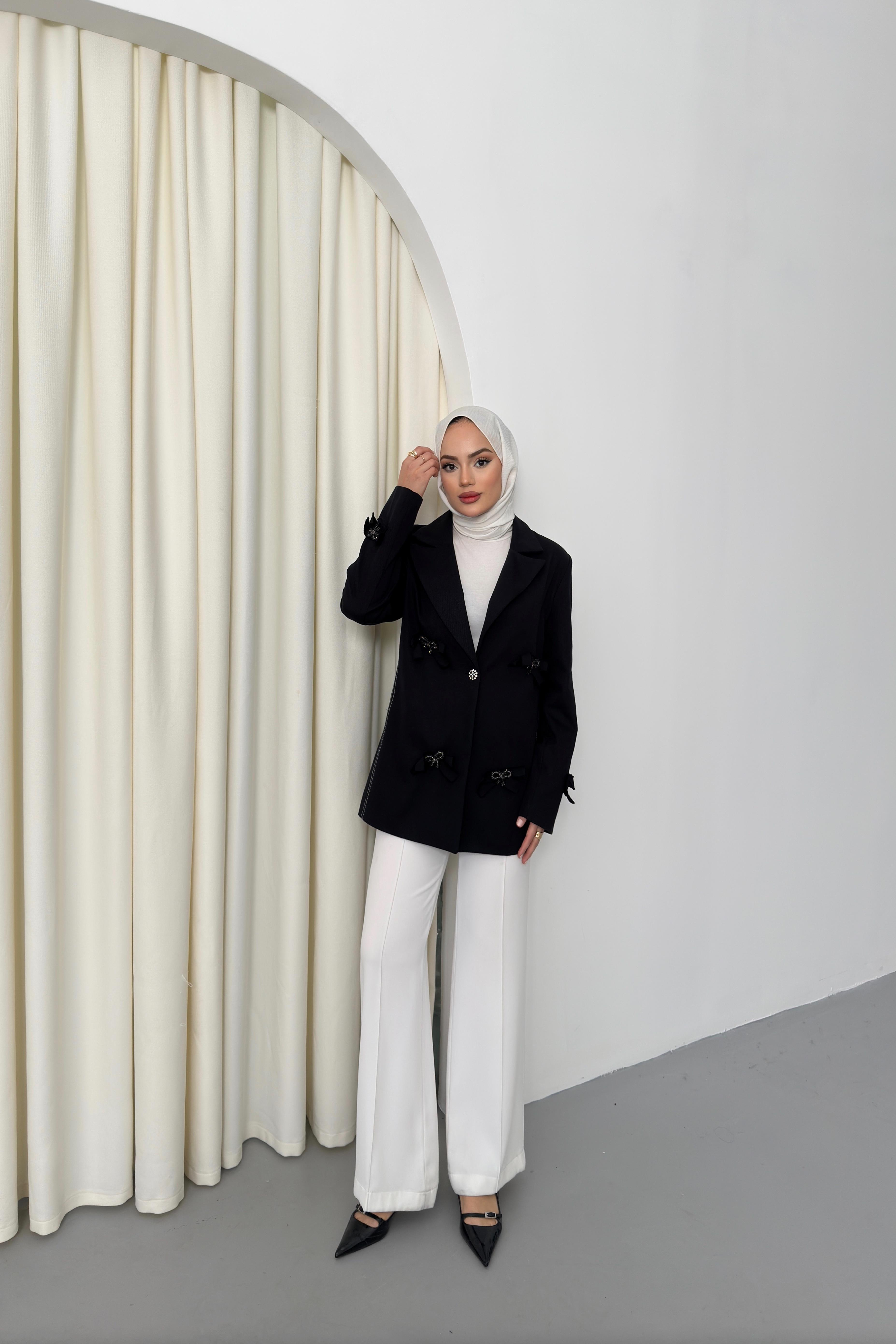 Fiyonklu Gabardin Ceket - Siyah