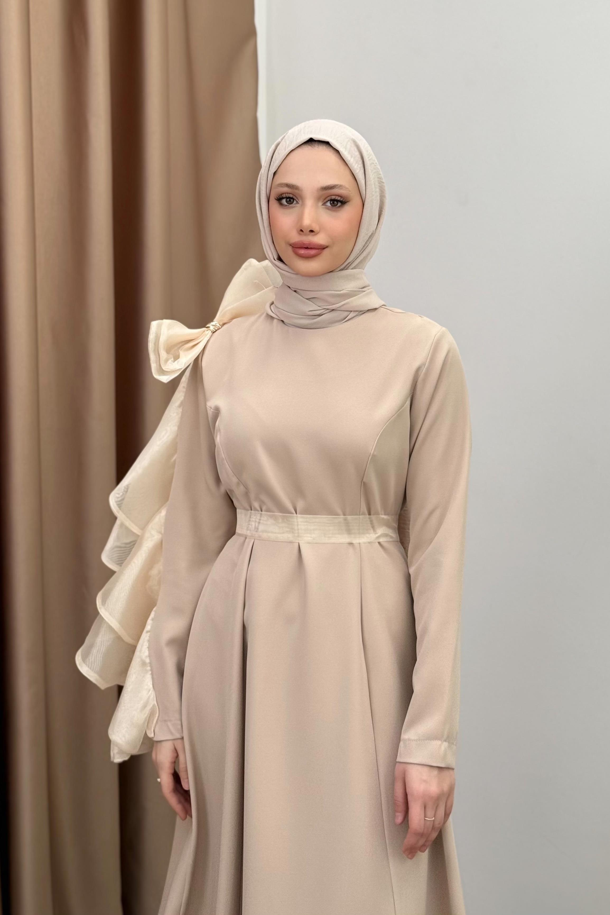 Fiyonklu Krep Elbise - Bej