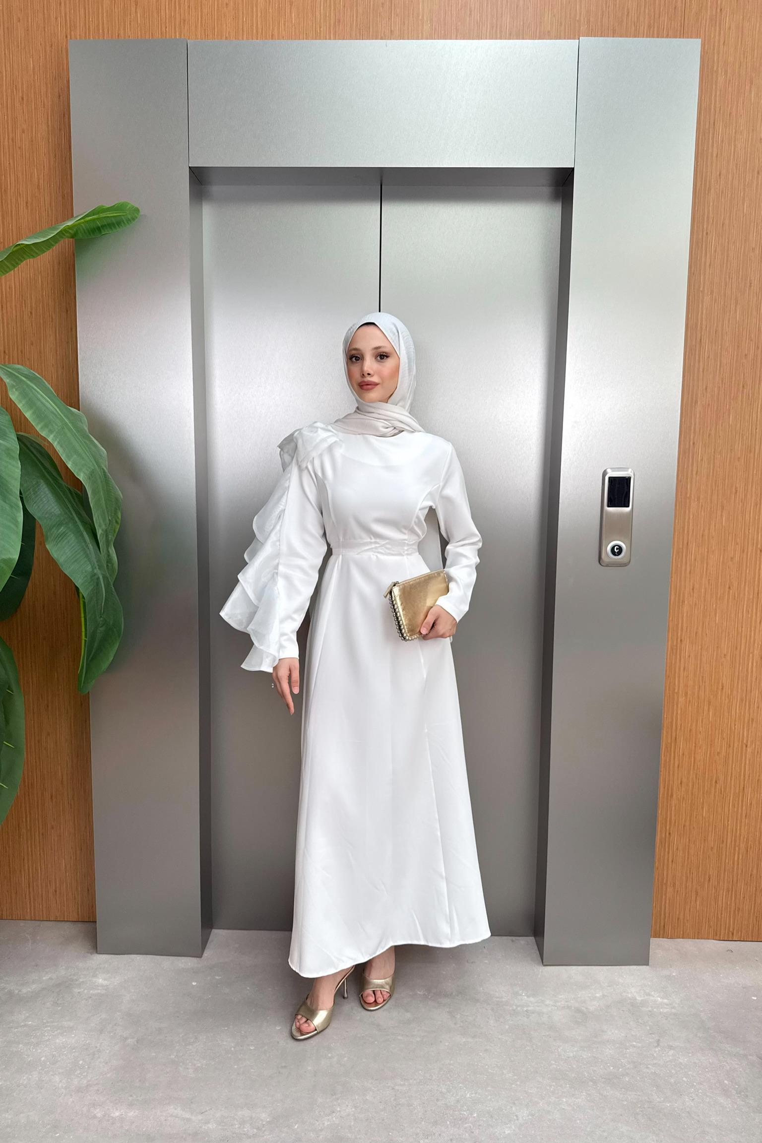 Fiyonklu Krep Elbise - Ekru