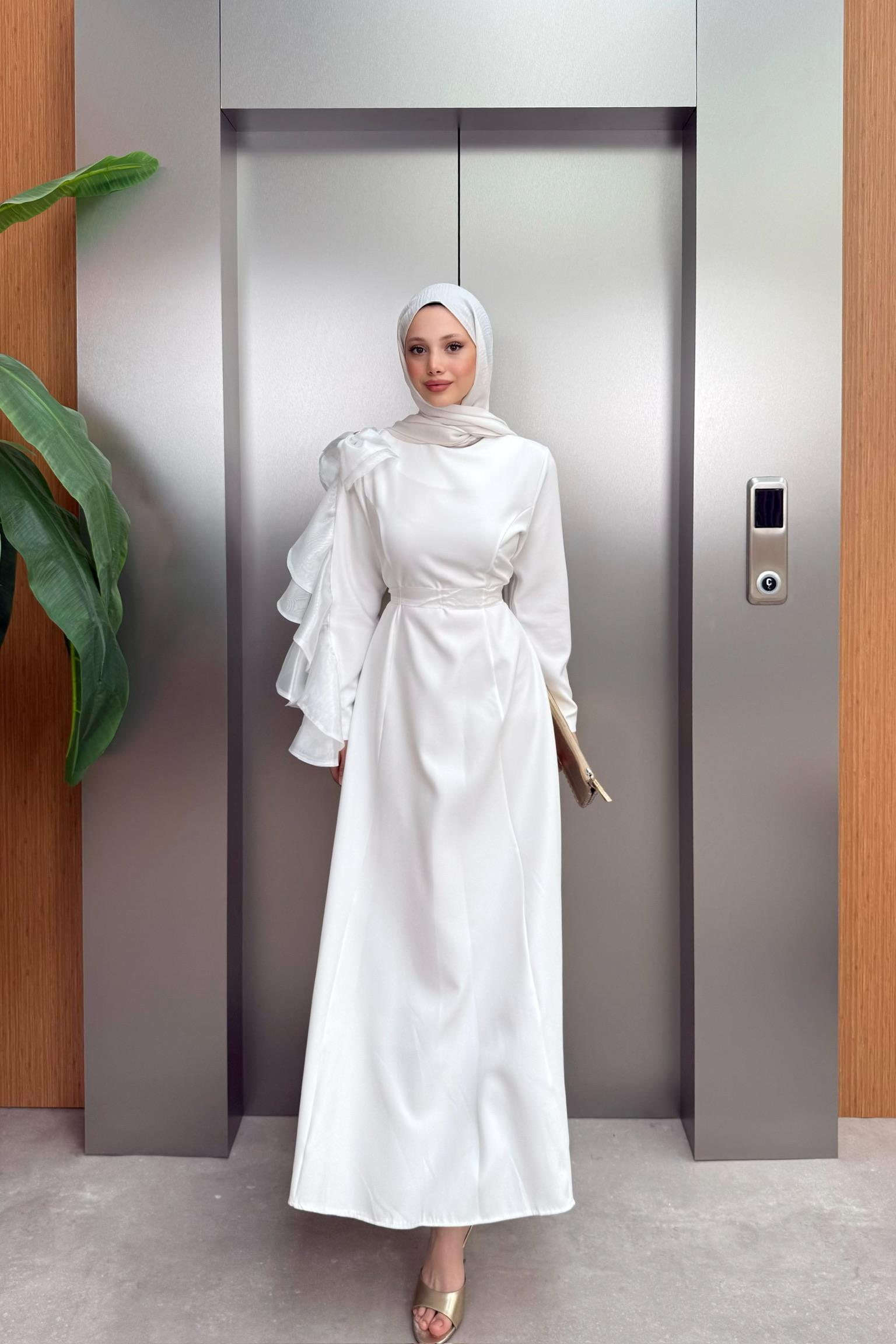 Fiyonklu Krep Elbise - Ekru