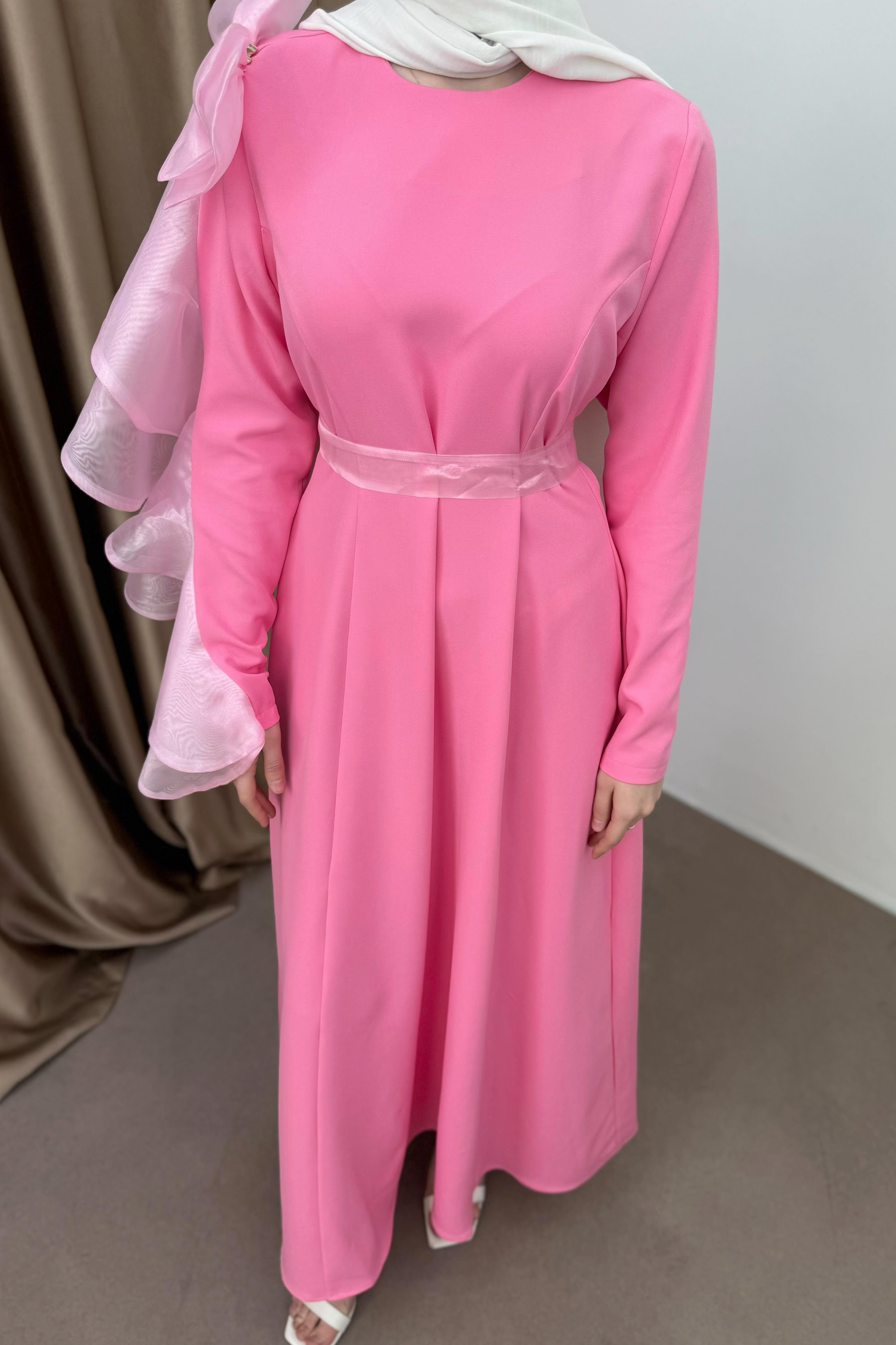 Fiyonklu Krep Elbise - Pembe