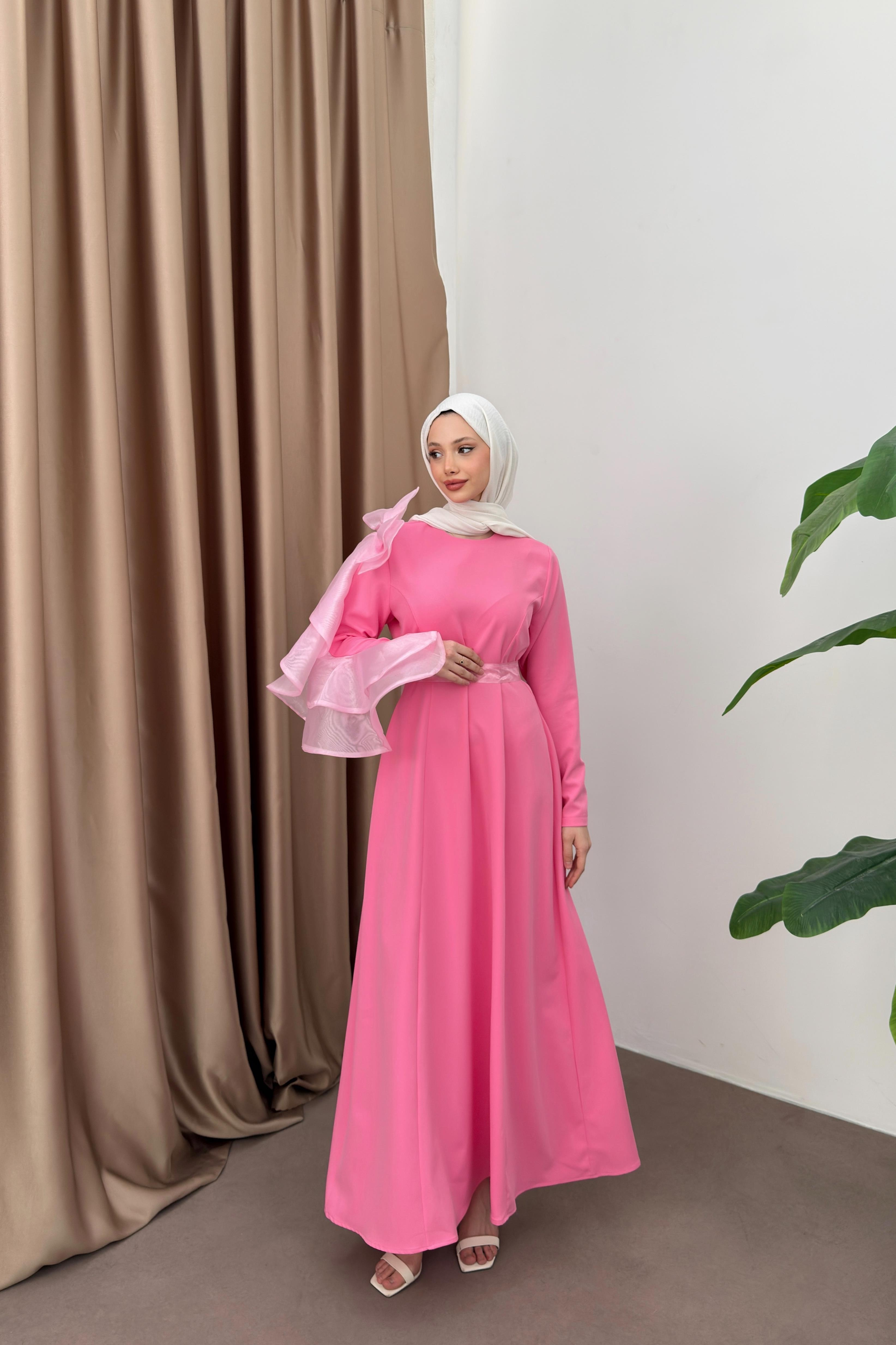 Fiyonklu Krep Elbise - Pembe
