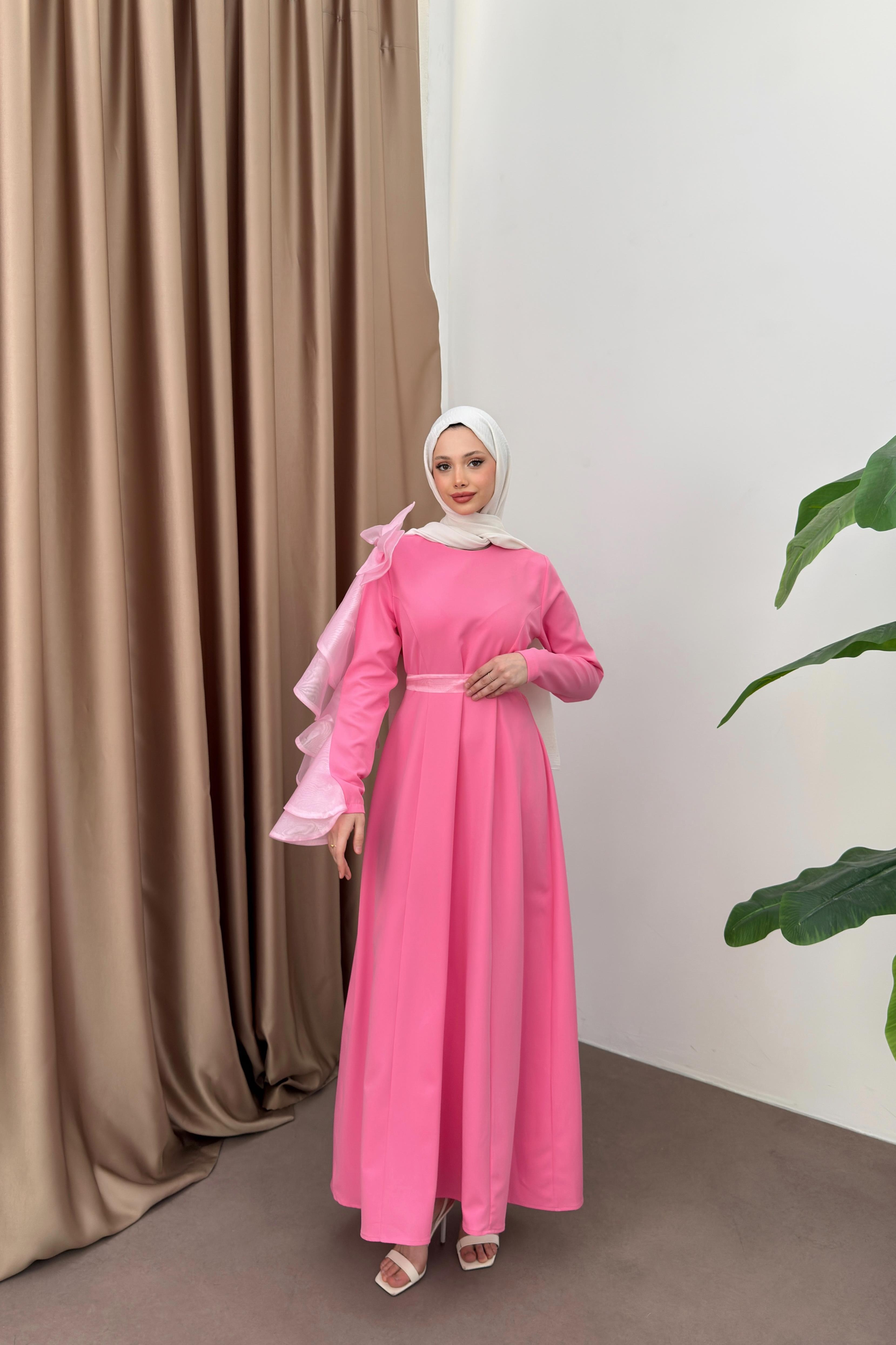 Fiyonklu Krep Elbise - Pembe