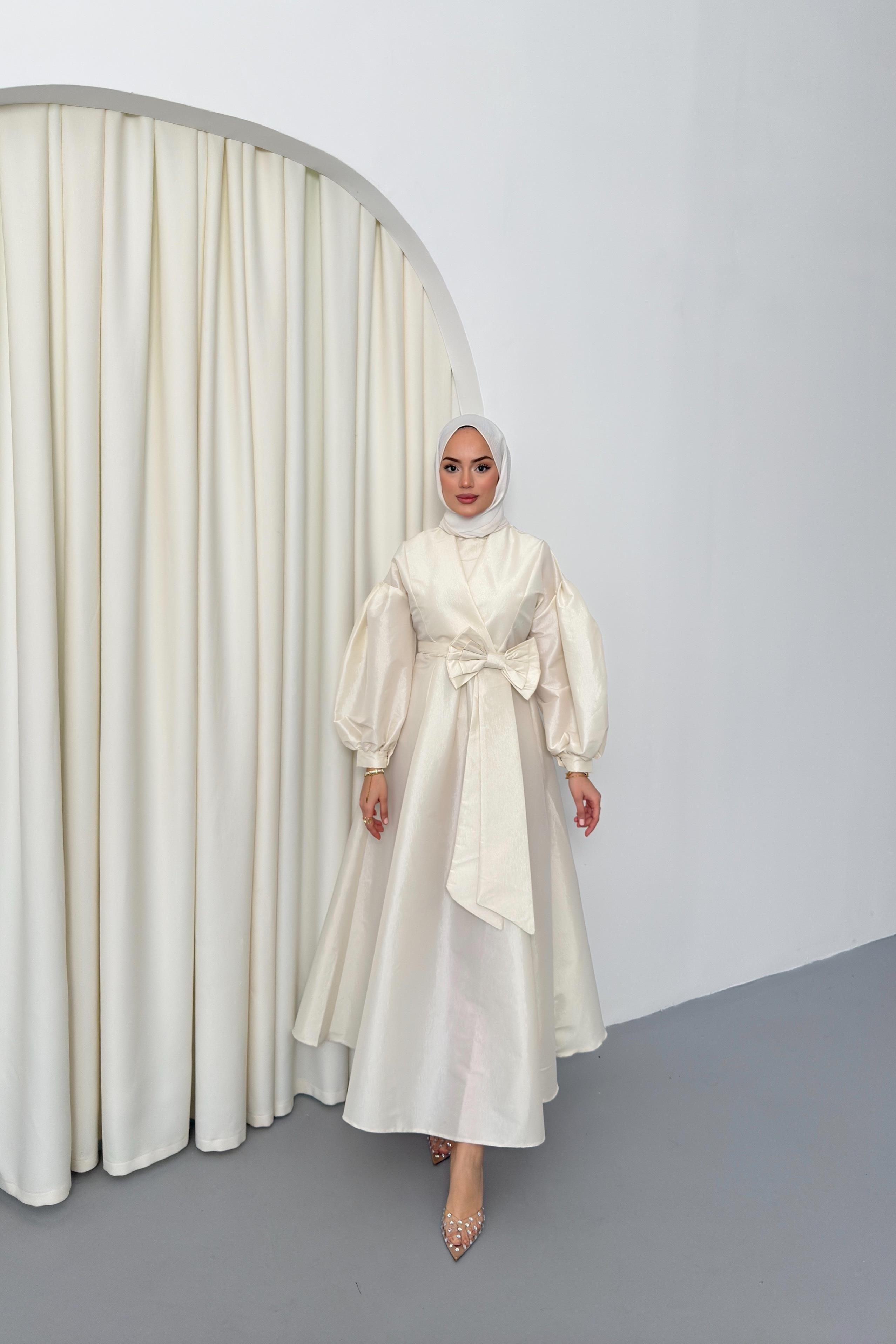 Fiyonklu Tafta Elbise - Krem