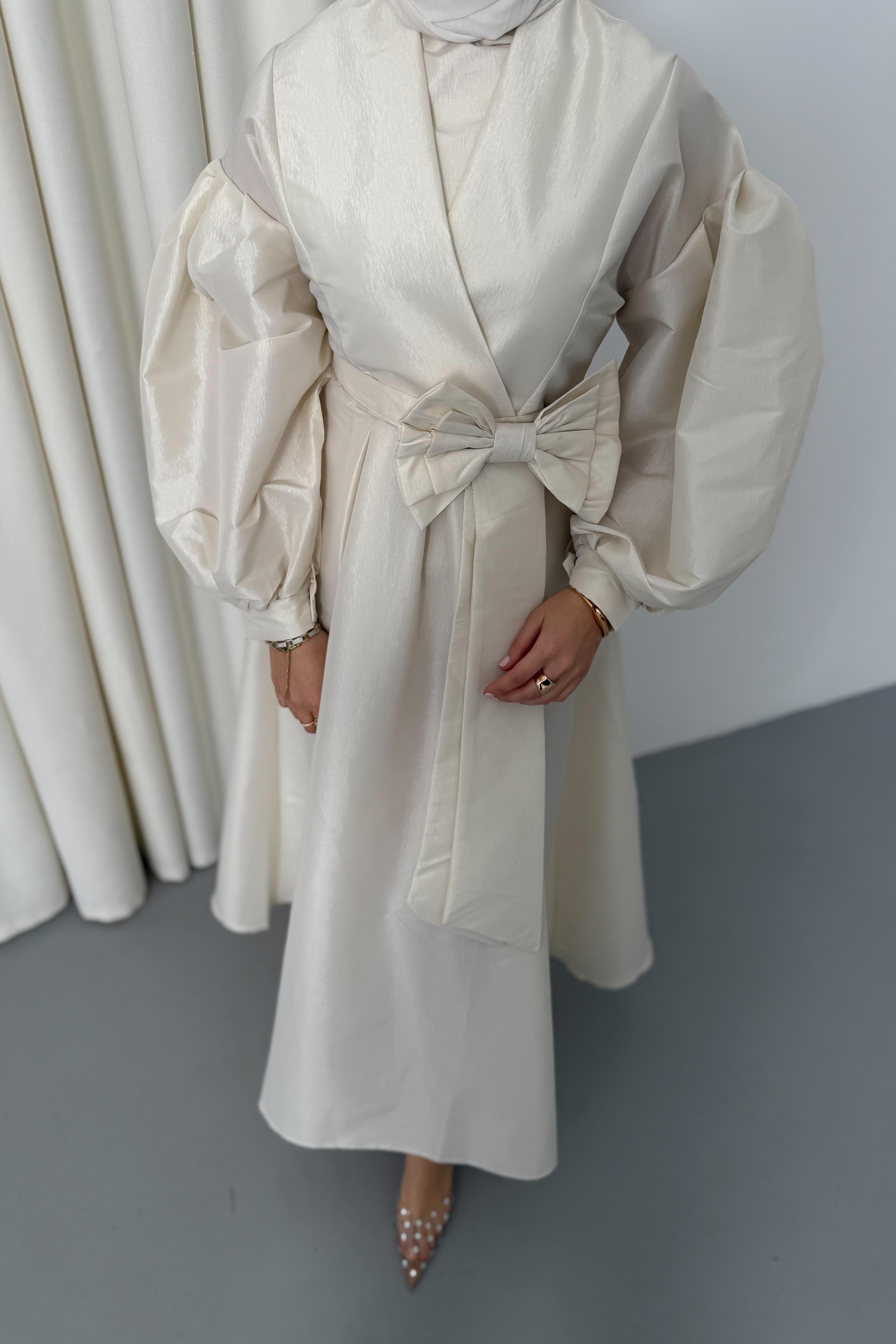 Fiyonklu Tafta Elbise - Krem