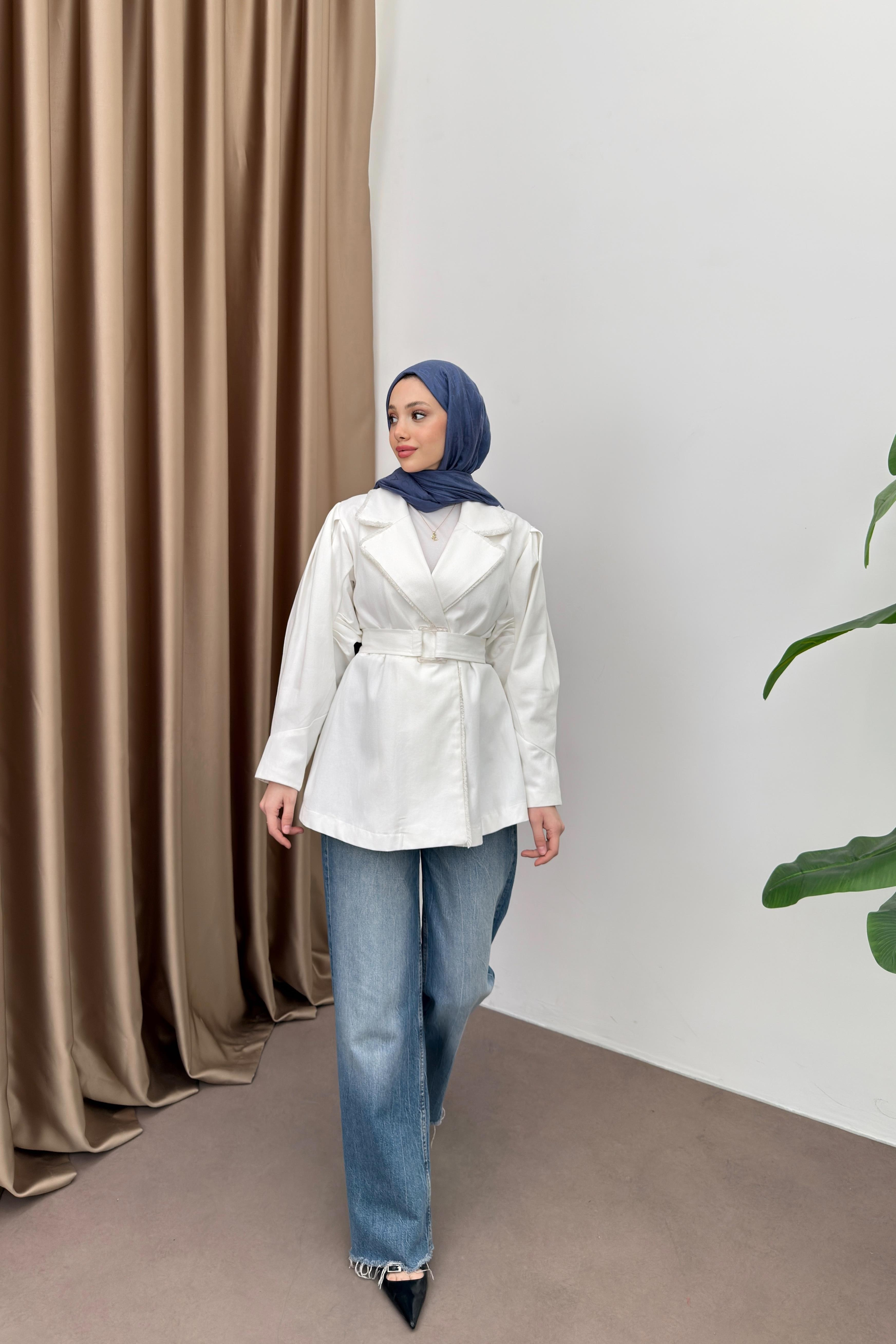 Gabardin Kemerli Ceket - Beyaz