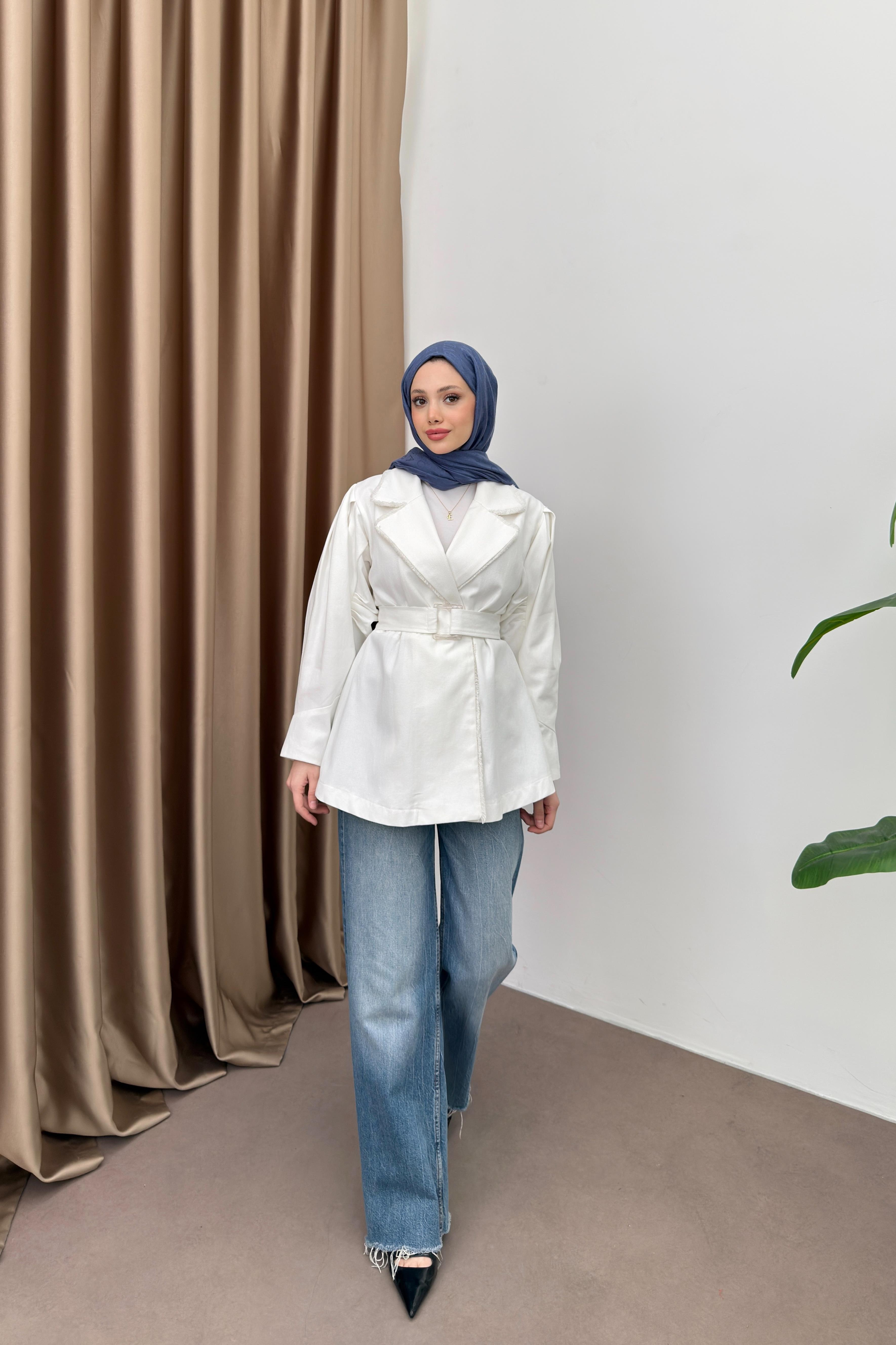 Gabardin Kemerli Ceket - Beyaz