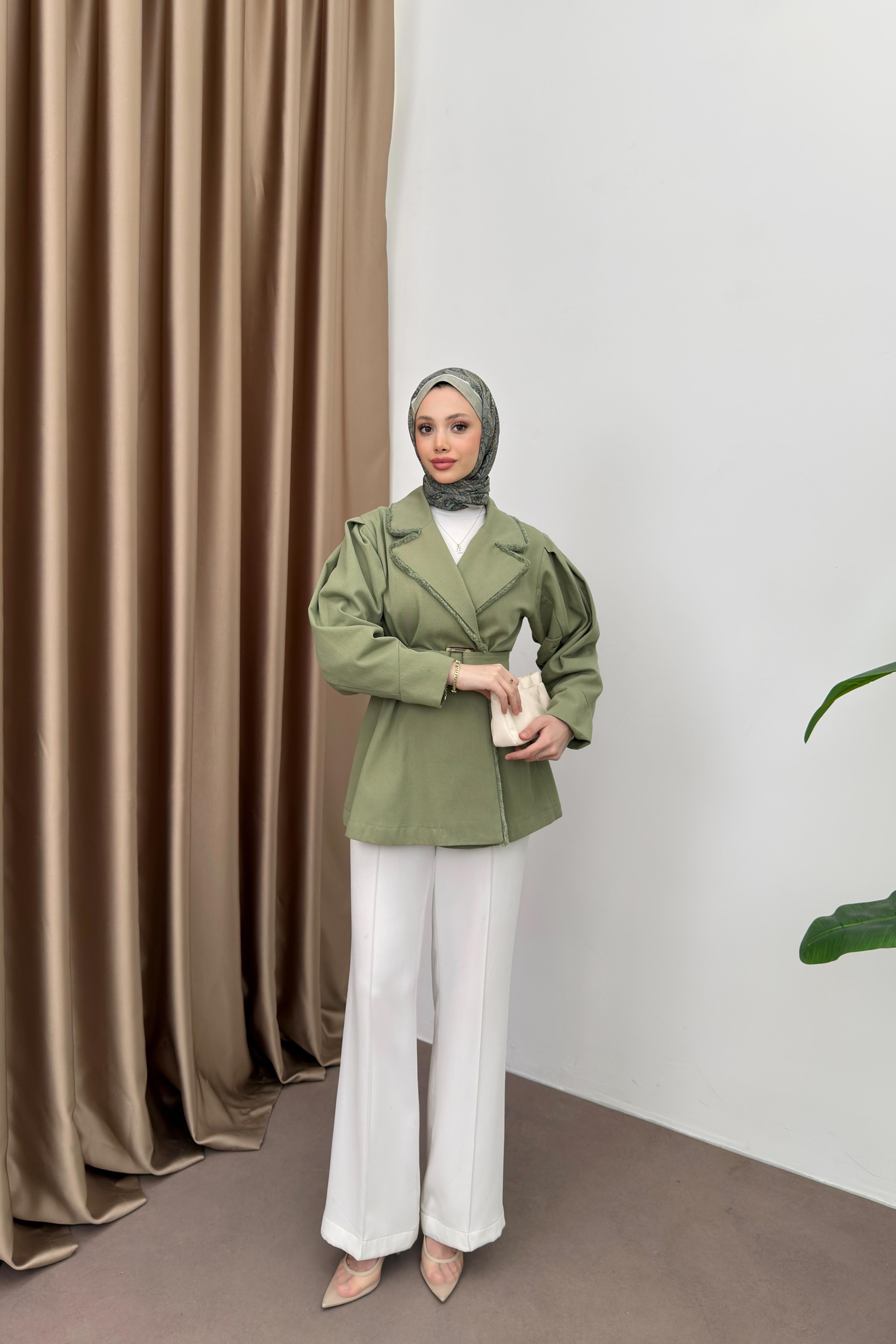 Gabardin Kemerli Ceket - Haki