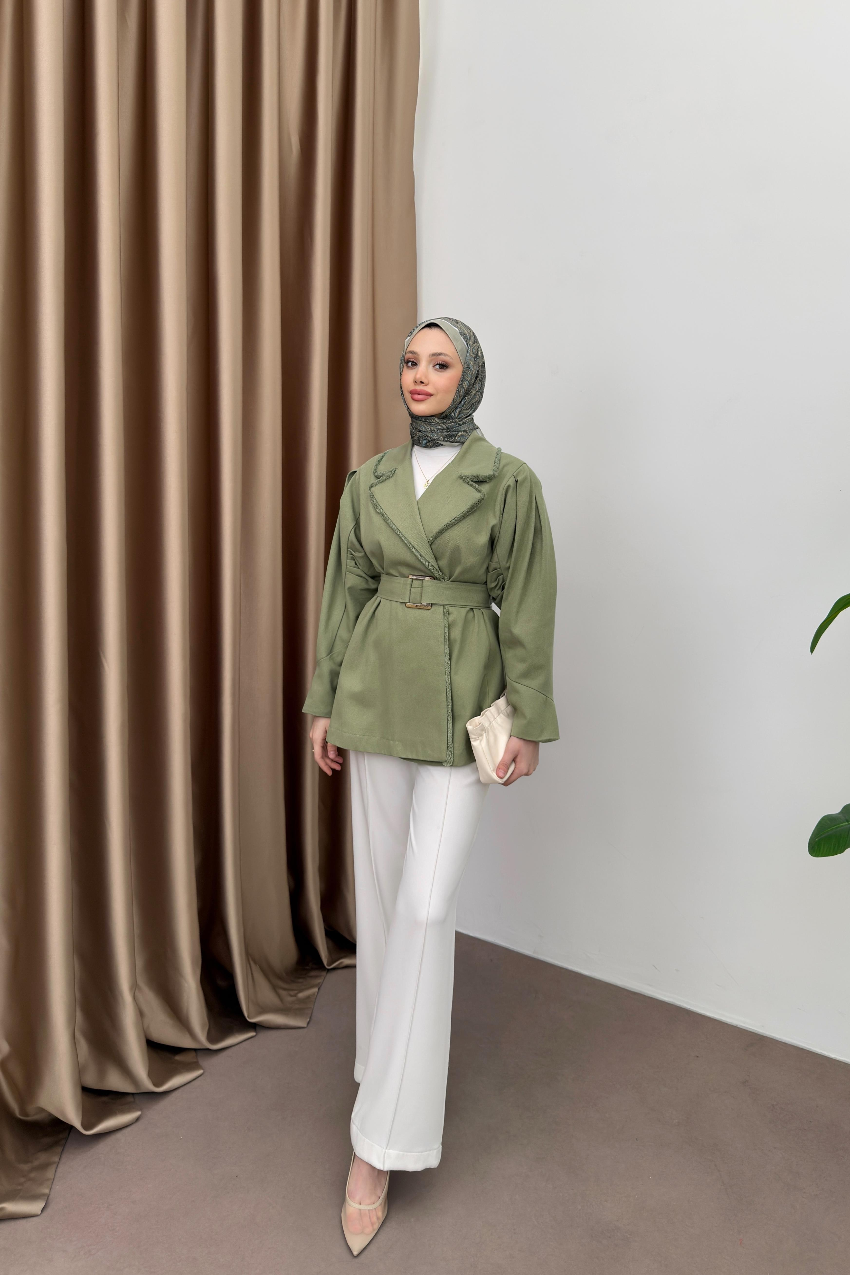 Gabardin Kemerli Ceket - Haki