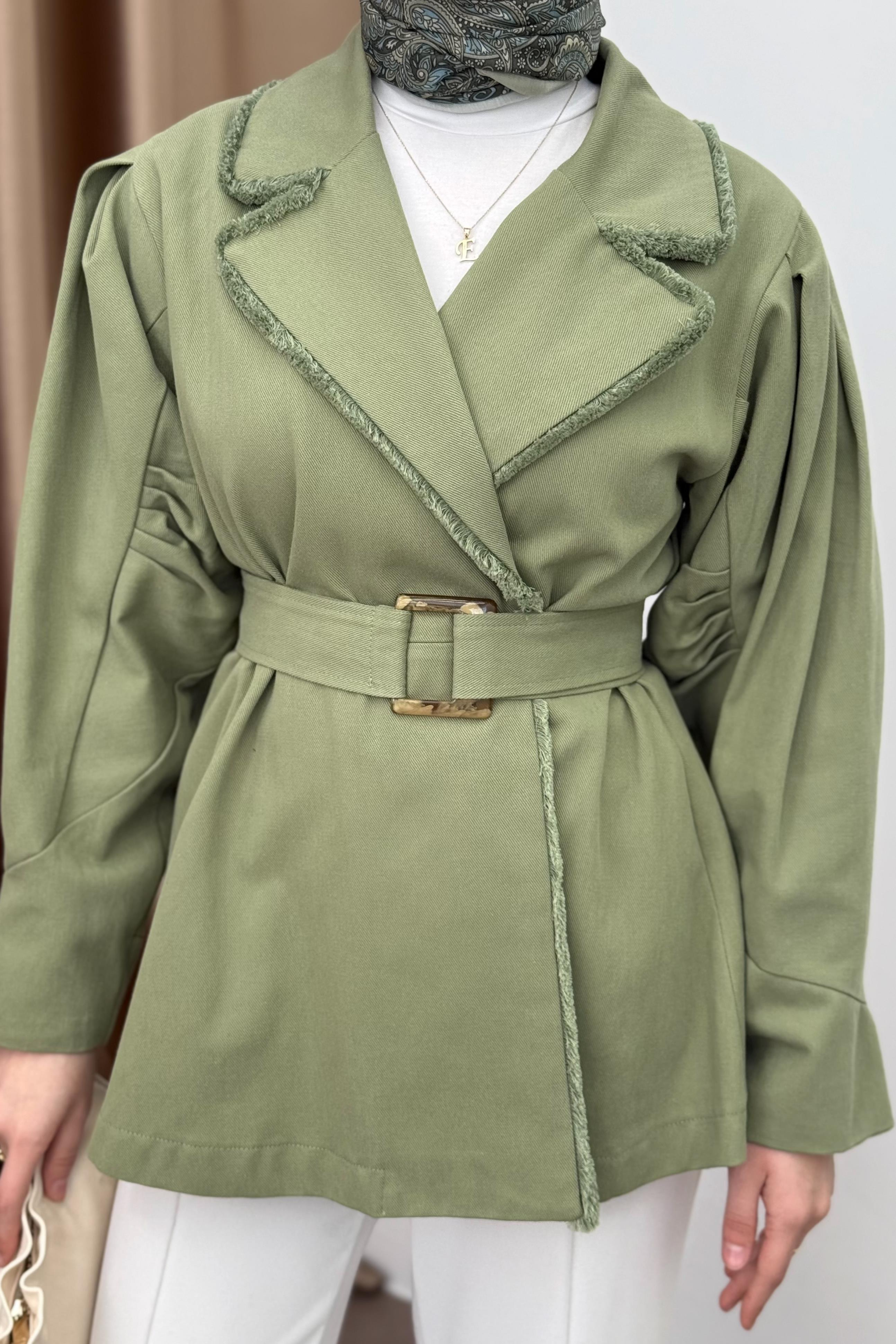 Gabardin Kemerli Ceket - Haki