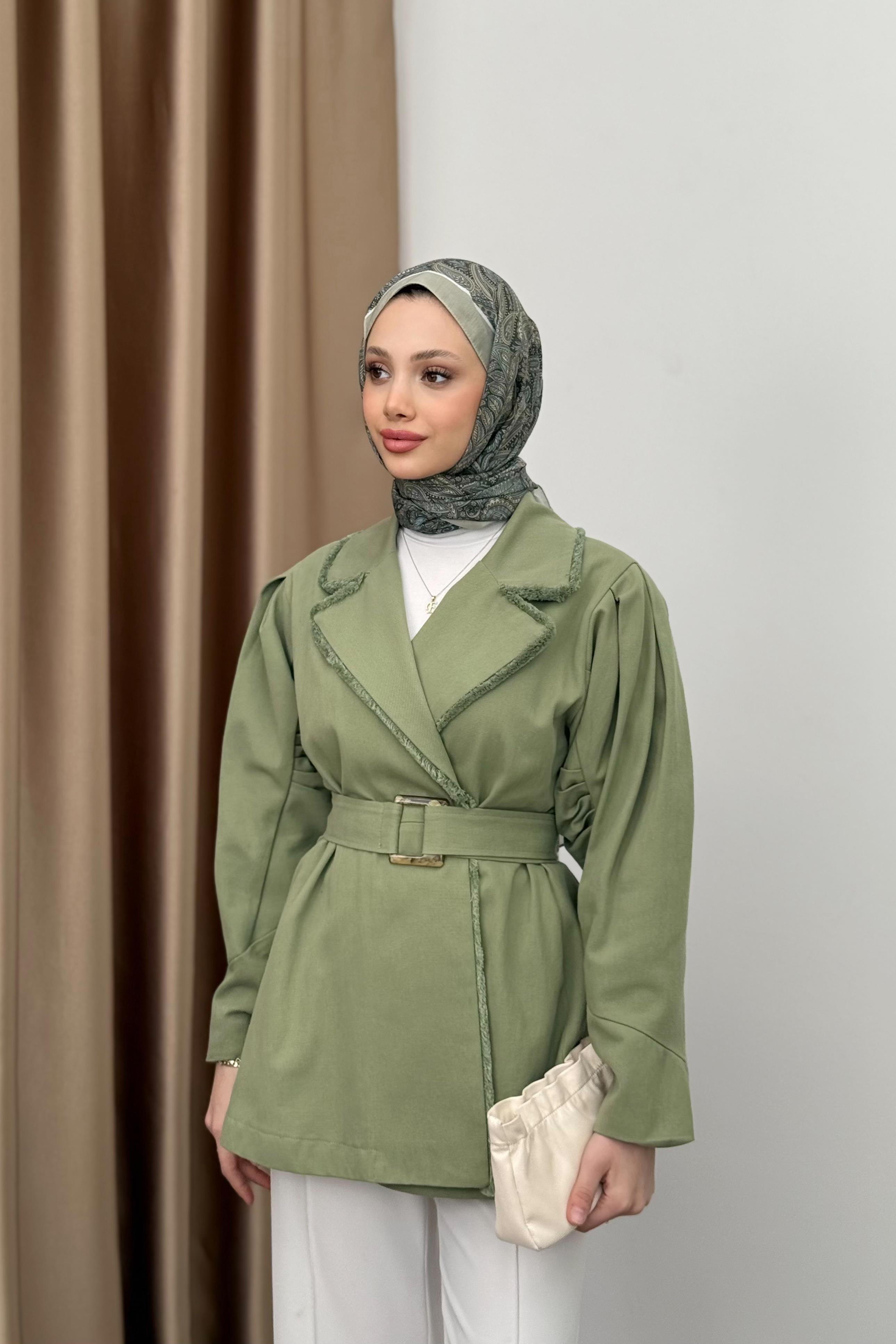 Gabardin Kemerli Ceket - Haki