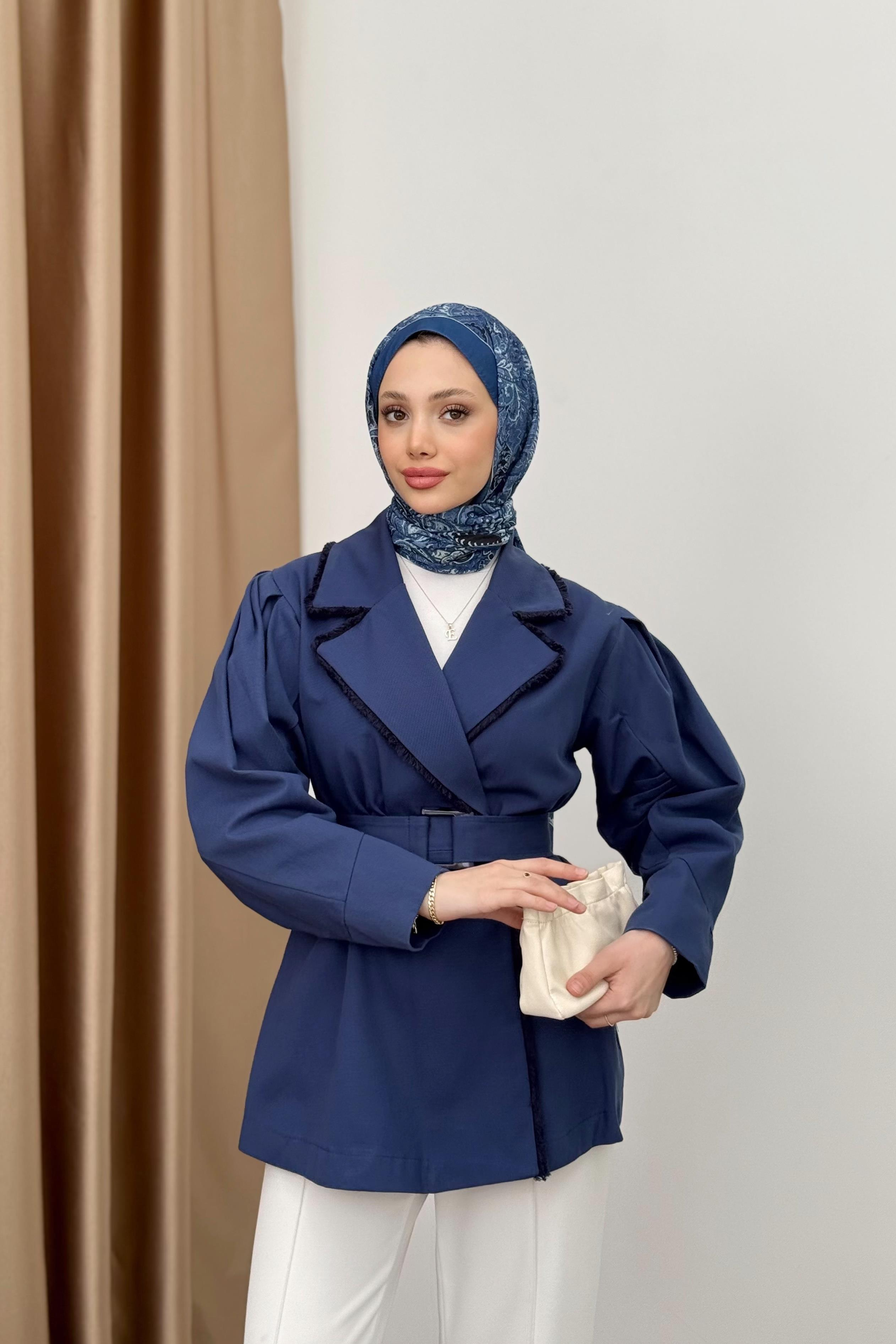 Gabardin Kemerli Ceket - İndigo