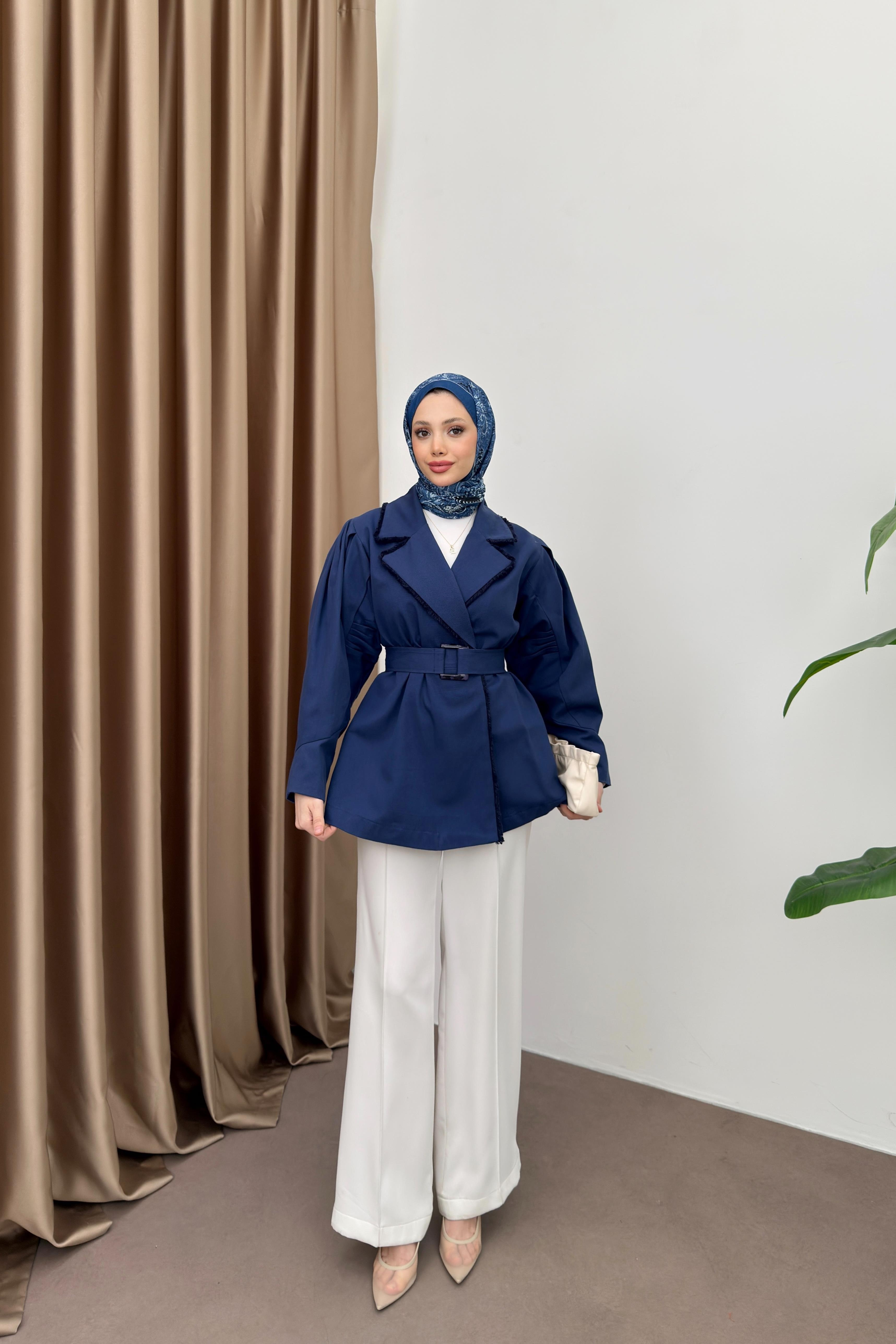 Gabardin Kemerli Ceket - İndigo