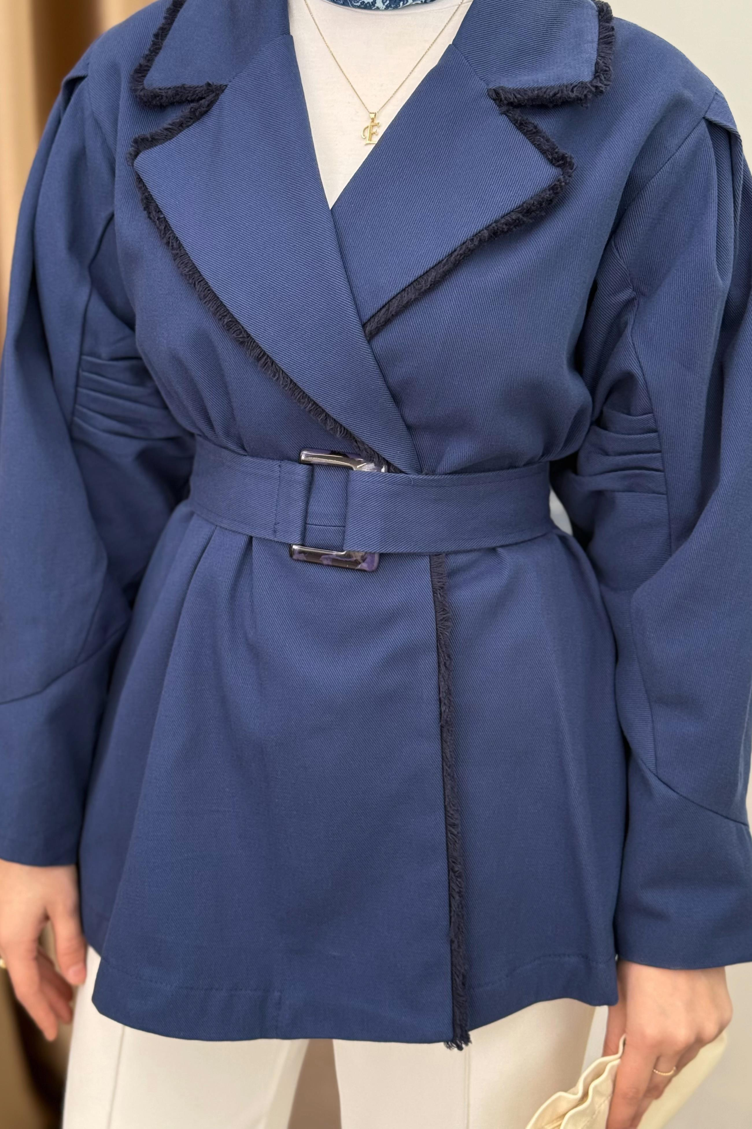 Gabardin Kemerli Ceket - İndigo