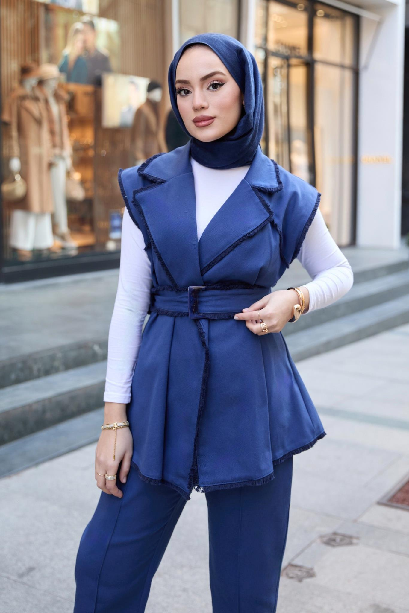 Gabardin Yelekli Takım - İndigo