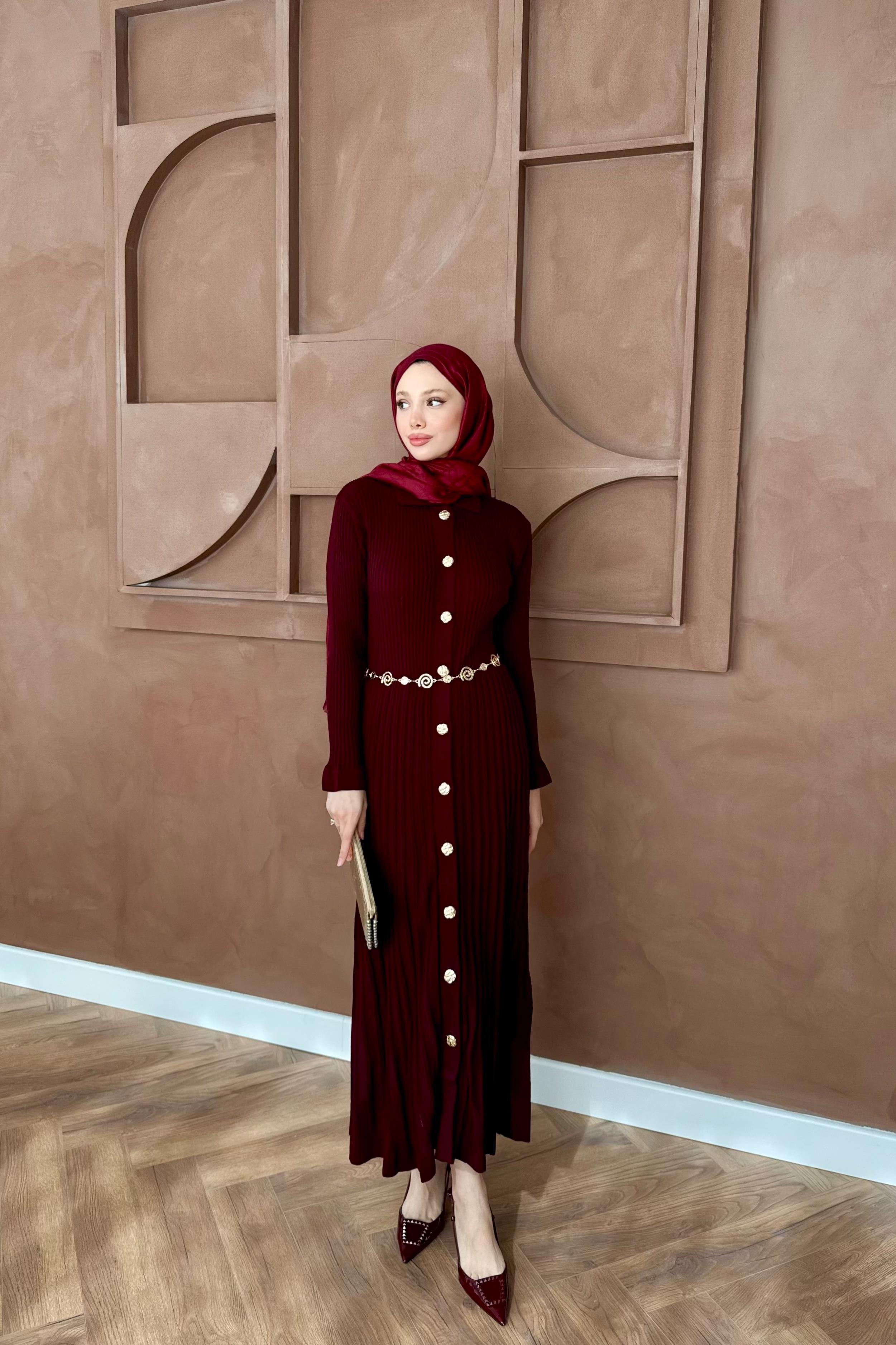 Gold Düğmeli Triko Elbise - Bordo