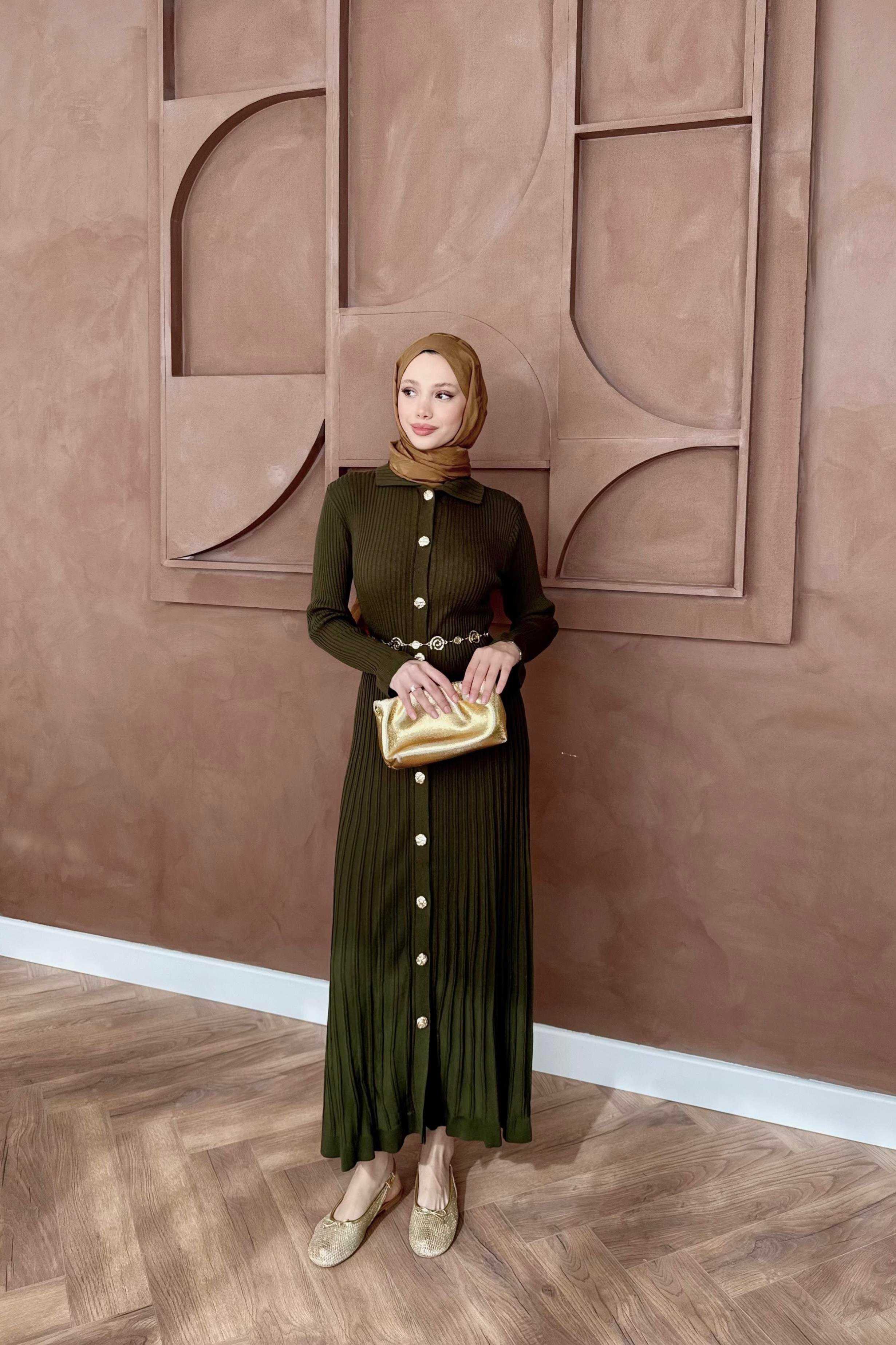 Gold Düğmeli Triko Elbise - Haki