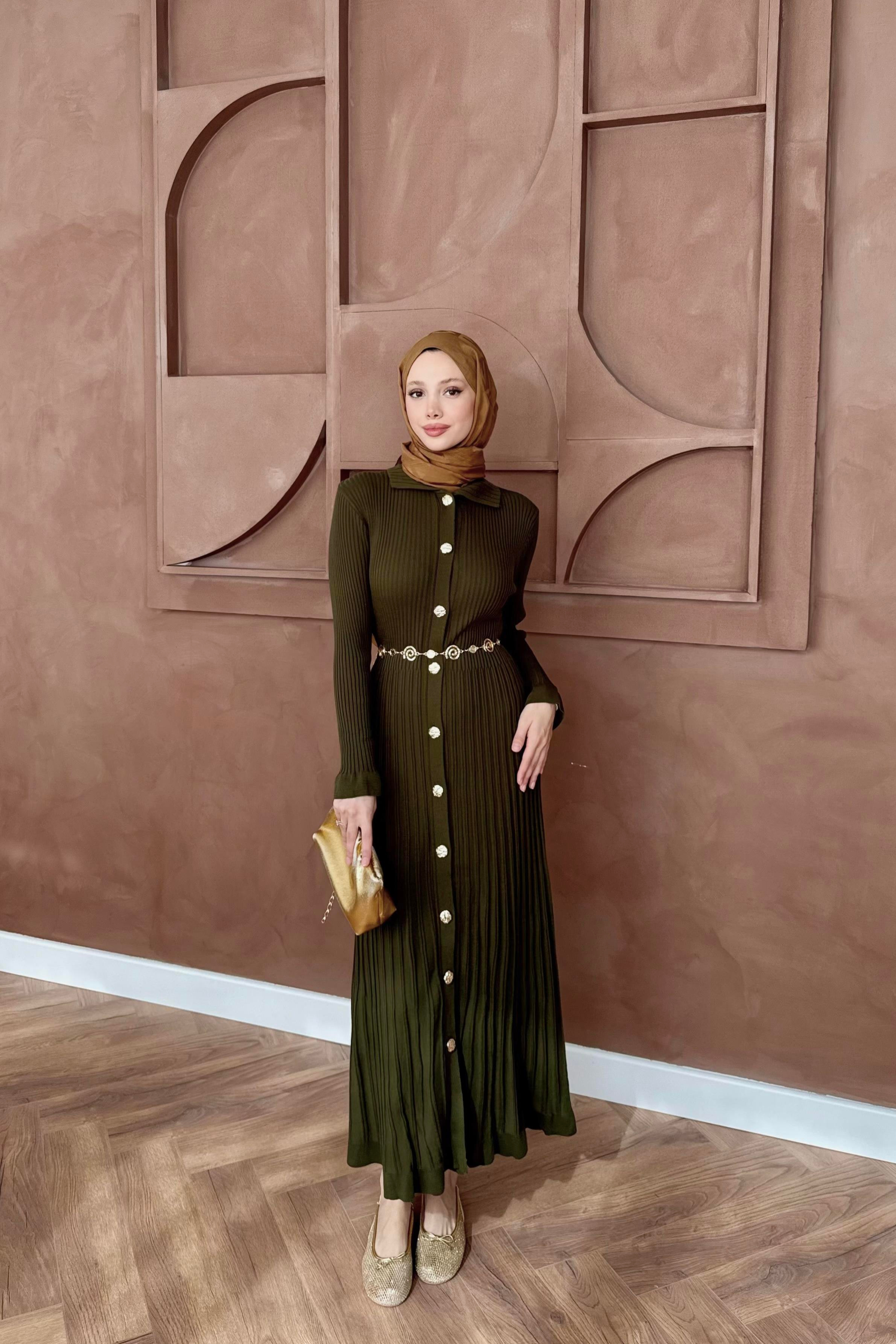 Gold Düğmeli Triko Elbise - Haki