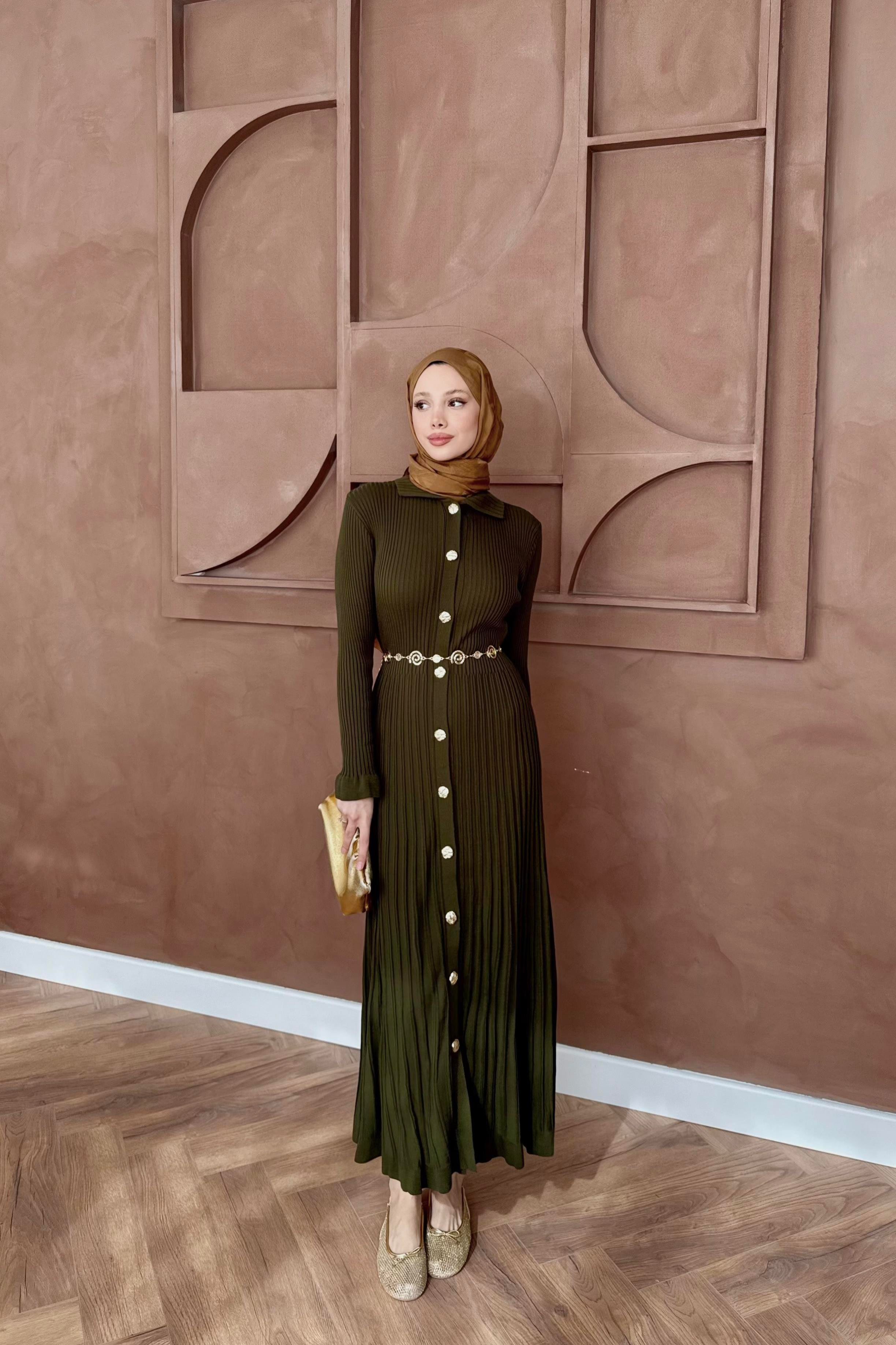 Gold Düğmeli Triko Elbise - Haki