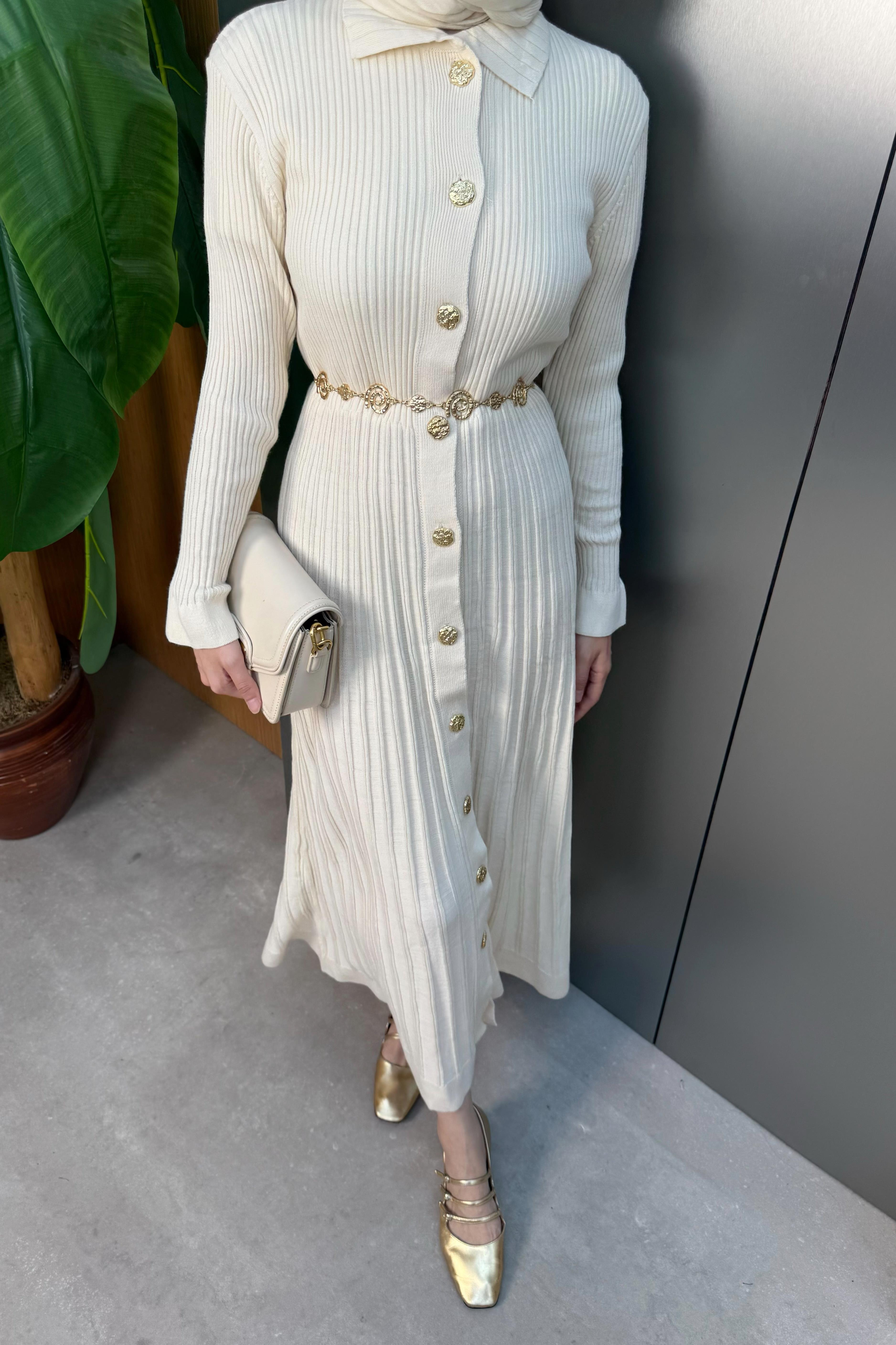 Gold Düğmeli Triko Elbise - Krem