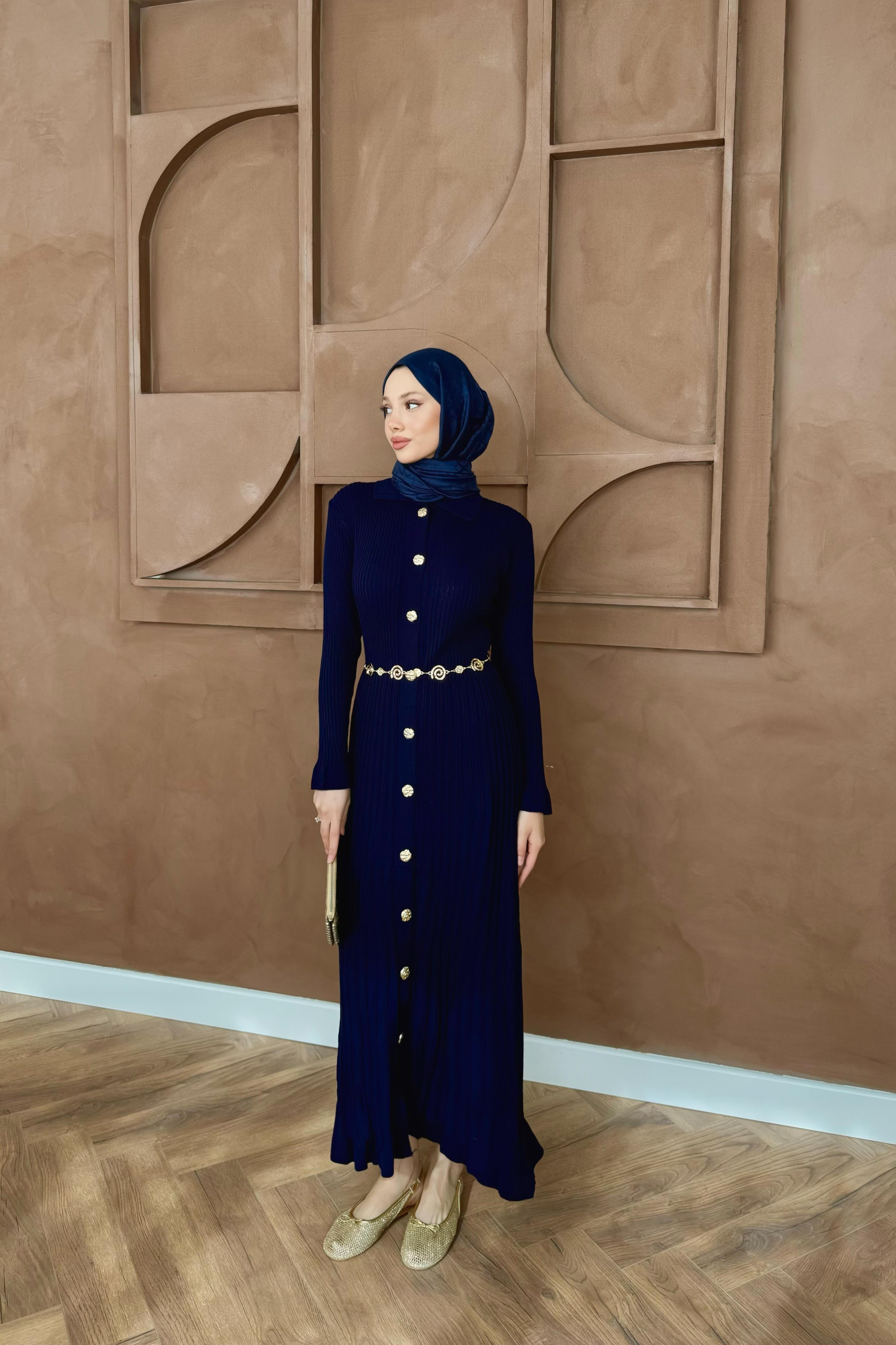 Gold Düğmeli Triko Elbise - Lacivert