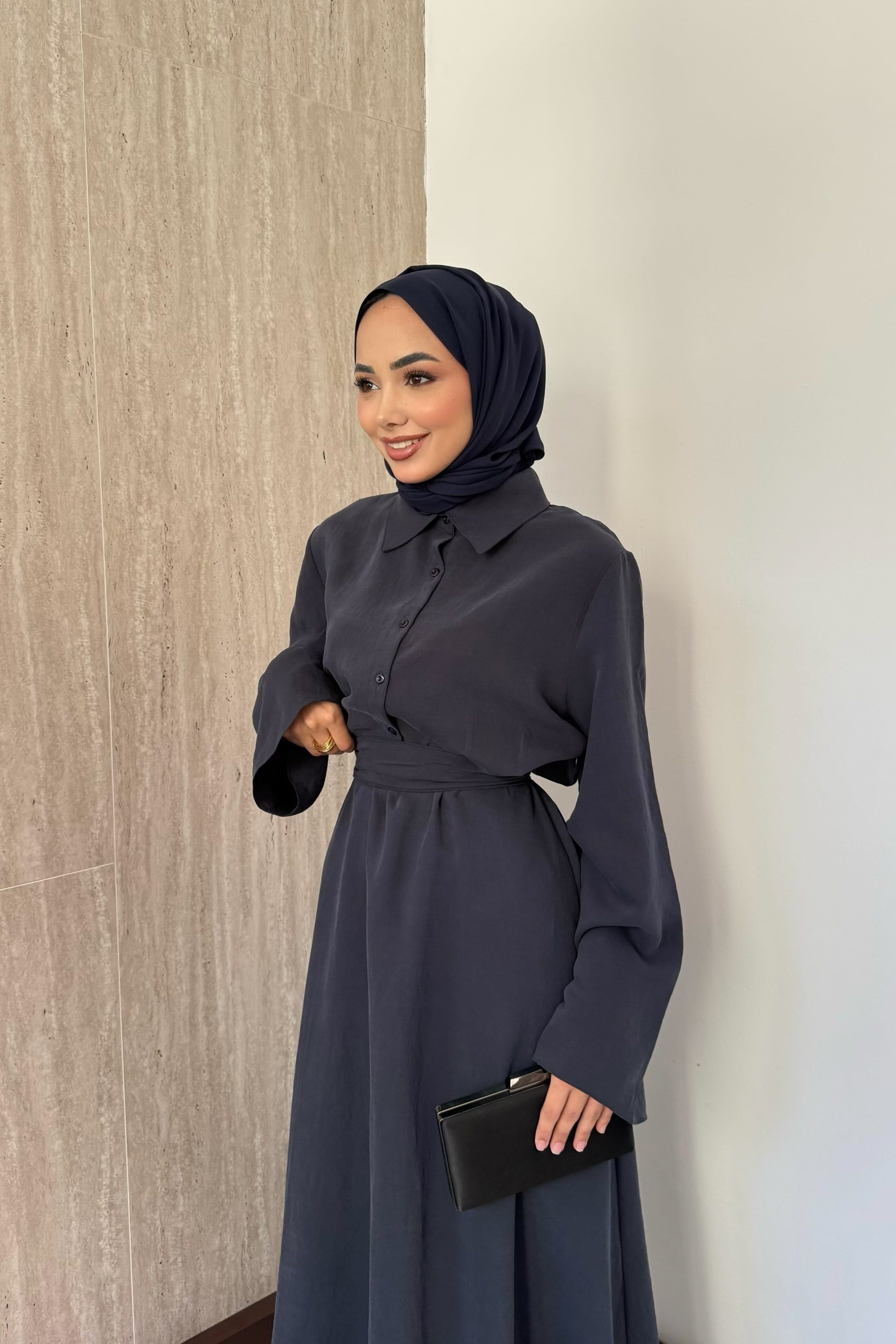 Gömlek Yaka Tensel Elbise - Lacivert