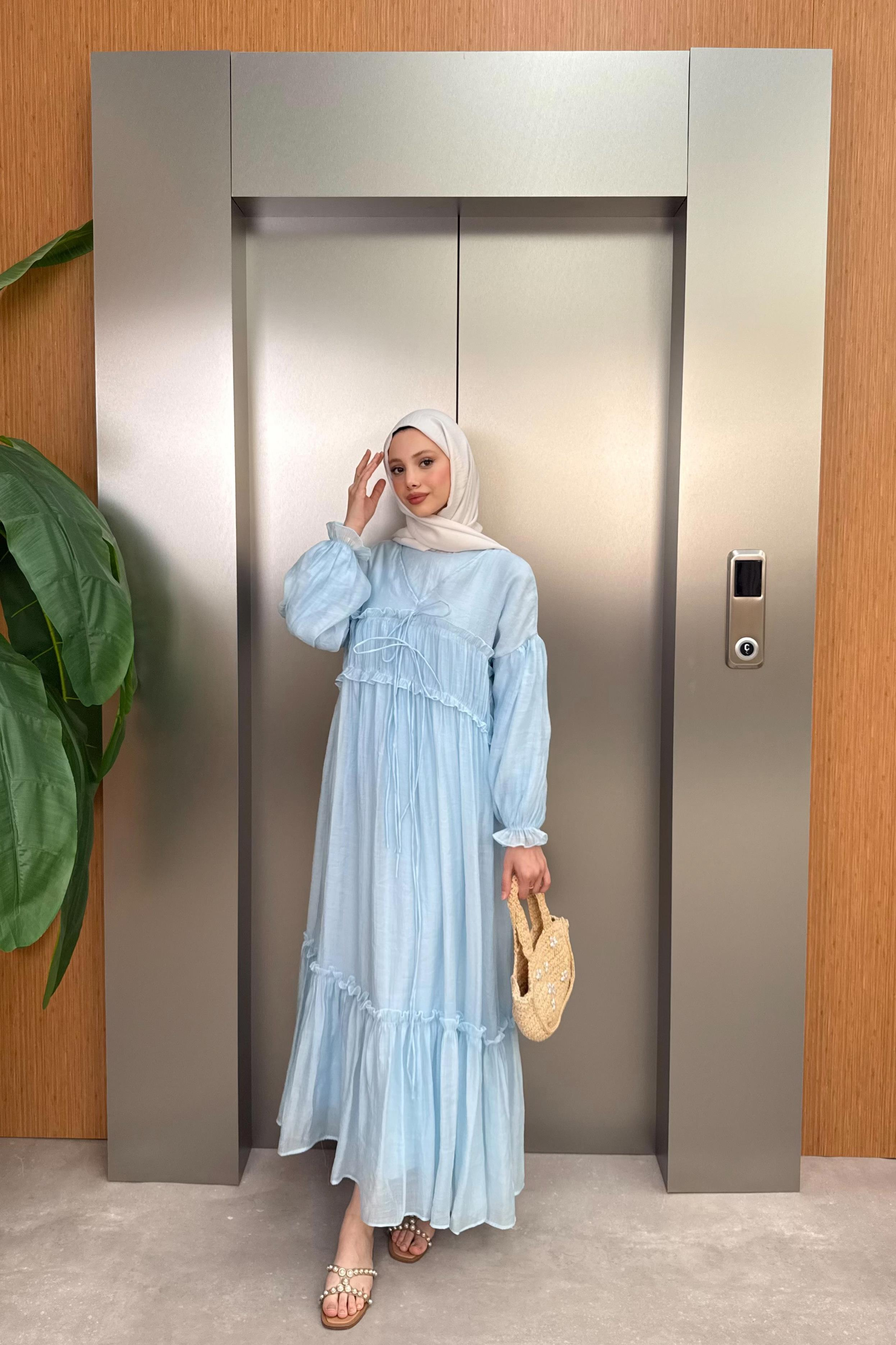 Güpürlü Vual Elbise - Mavi