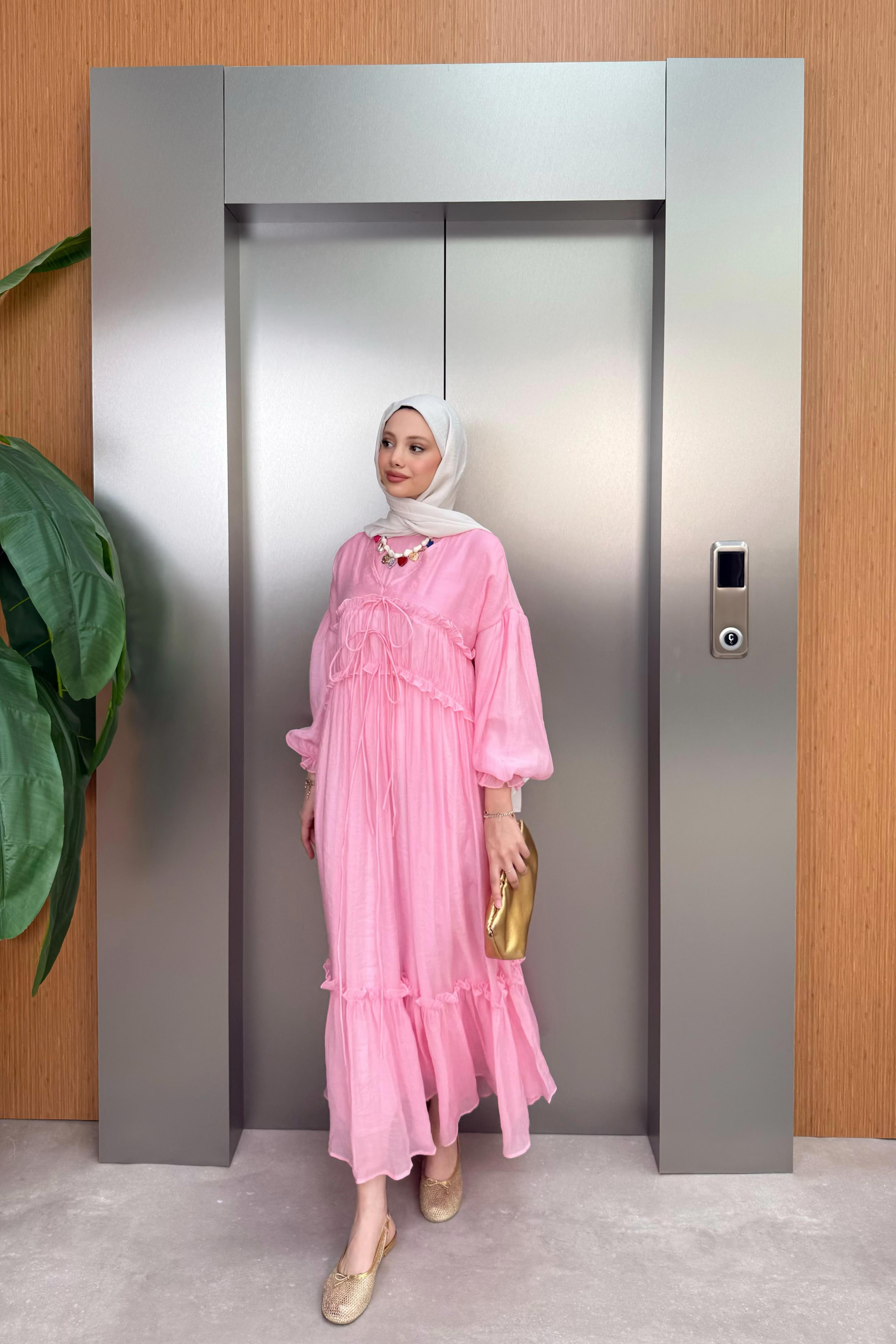 Güpürlü Vual Elbise - Pembe