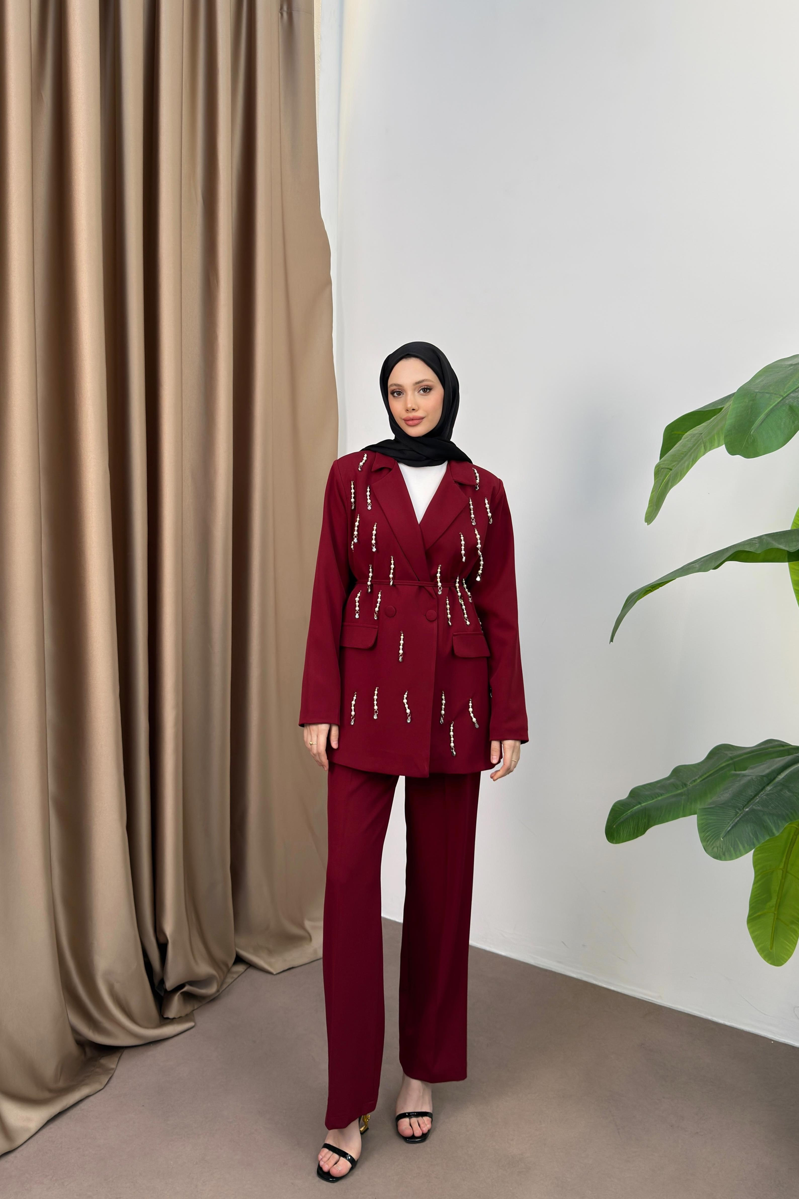 İncili Blazer Ceketli Takım - Bordo