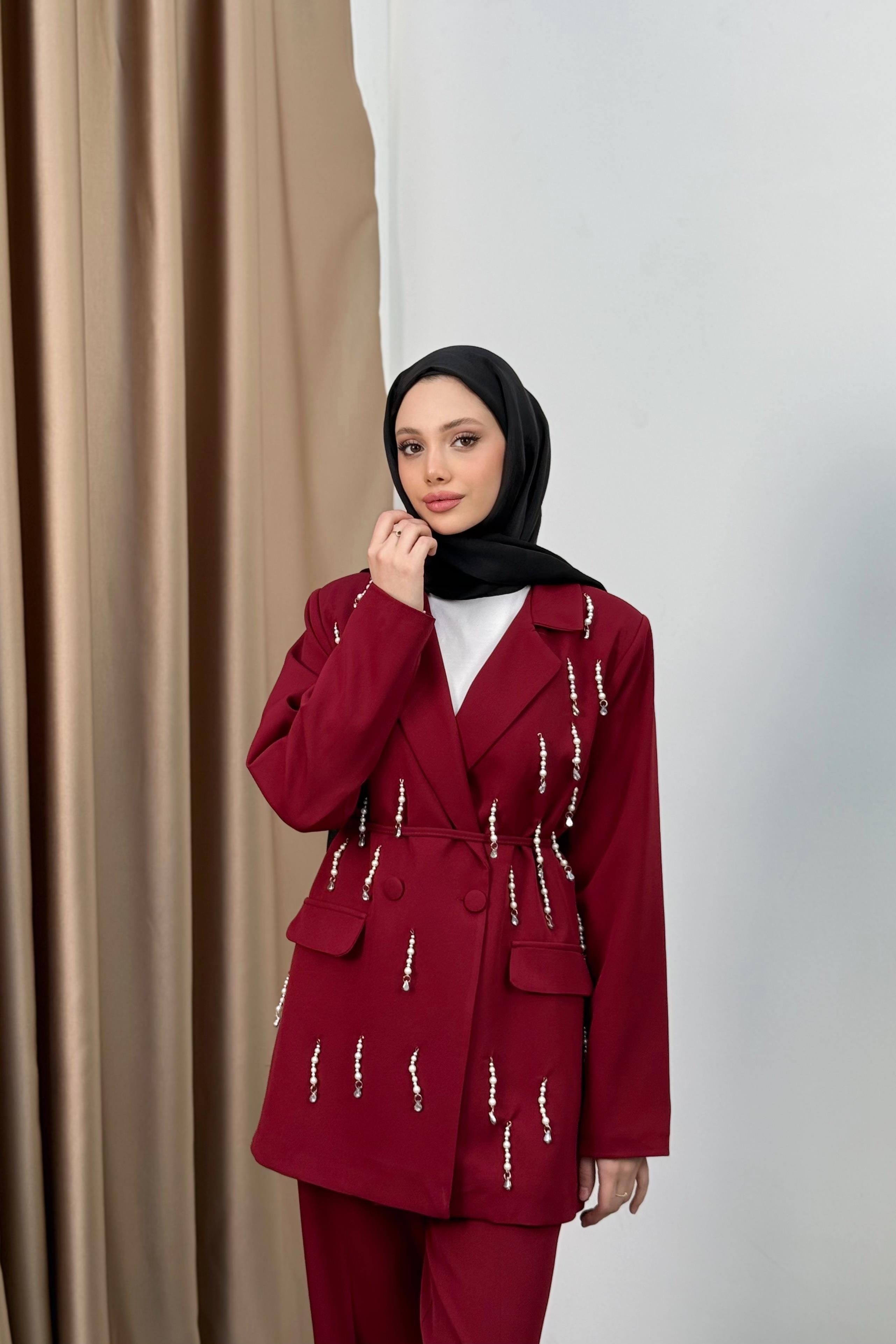 İncili Blazer Ceketli Takım - Bordo