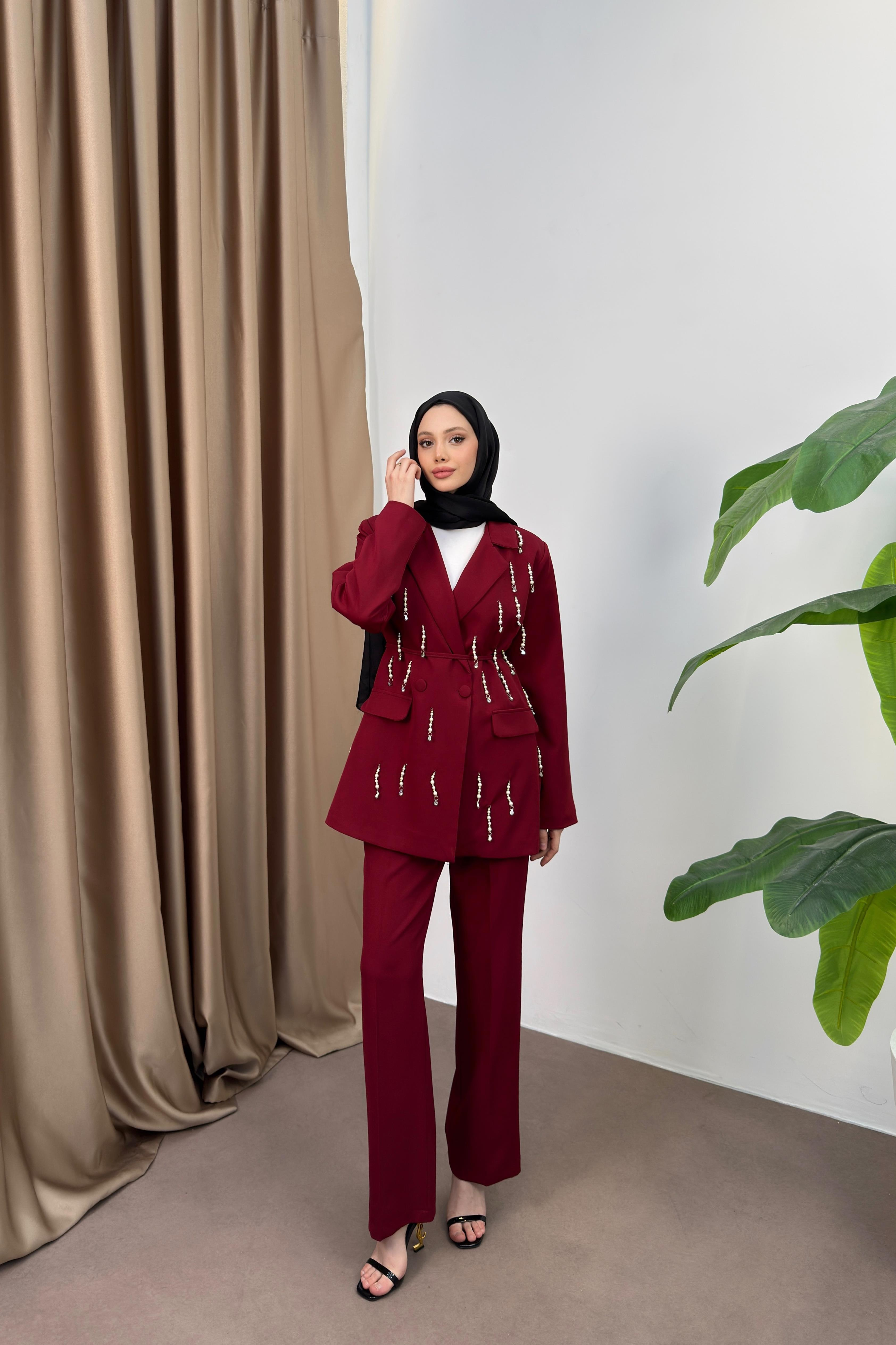 İncili Blazer Ceketli Takım - Bordo