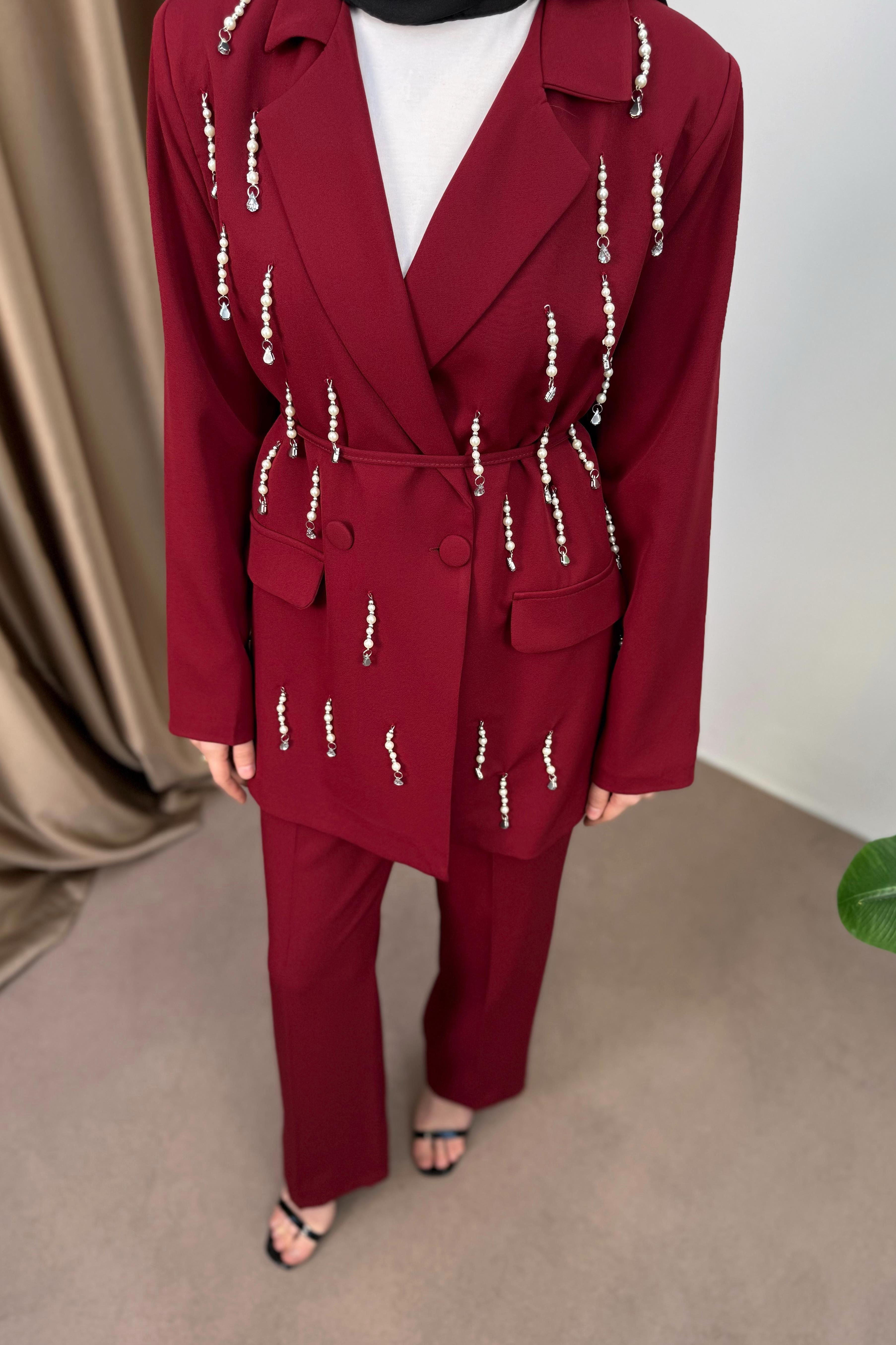 İncili Blazer Ceketli Takım - Bordo