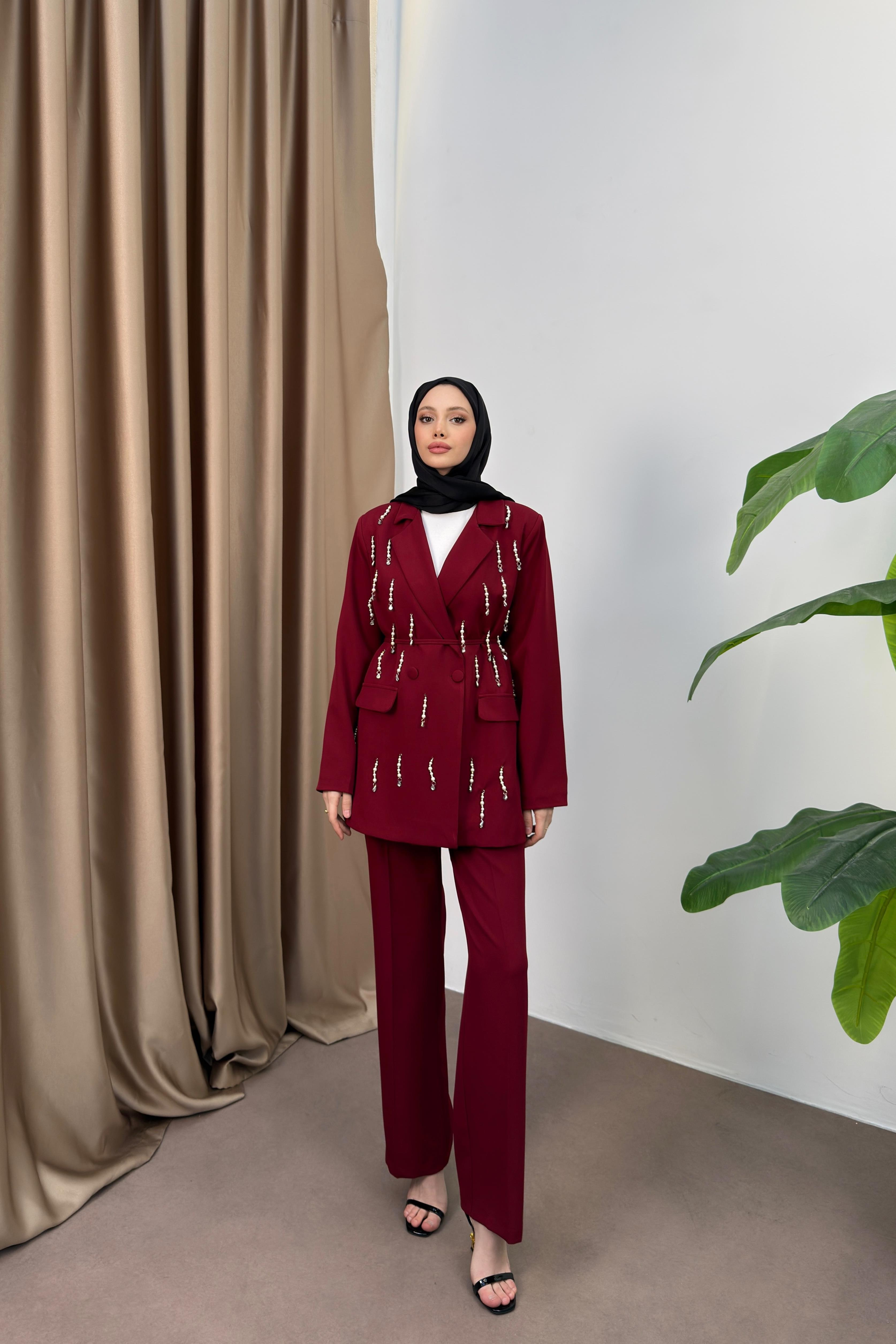 İncili Blazer Ceketli Takım - Bordo