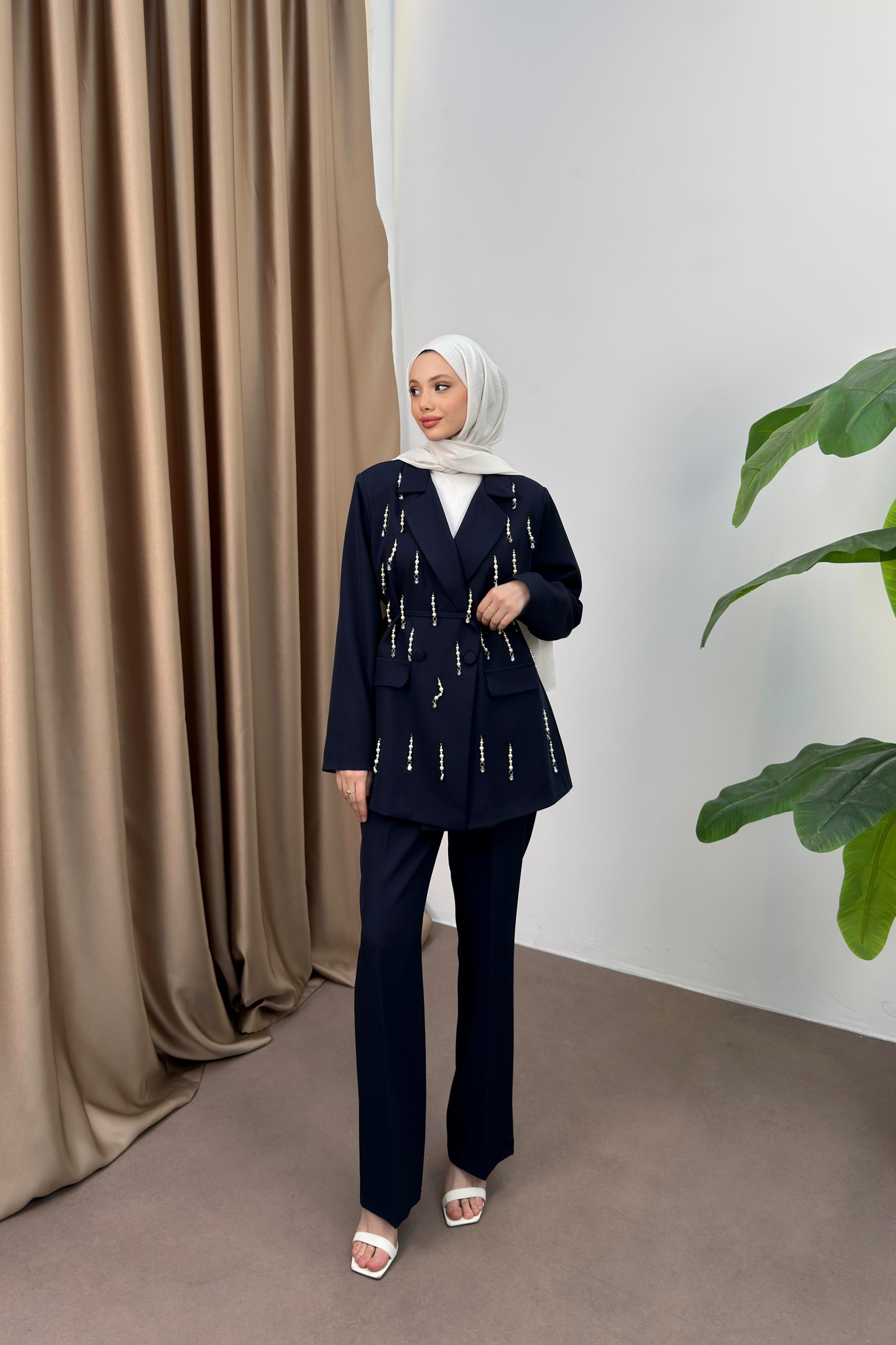 İncili Blazer Ceketli Takım - Lacivert