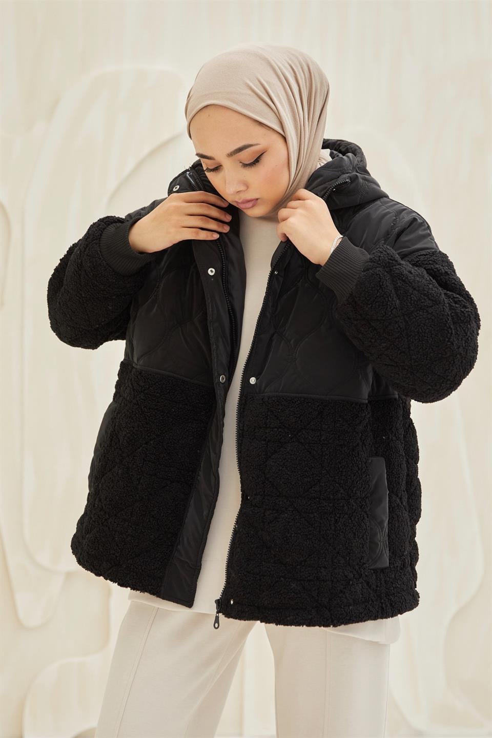 KAPİTONE PELUŞ MONT - SİYAH