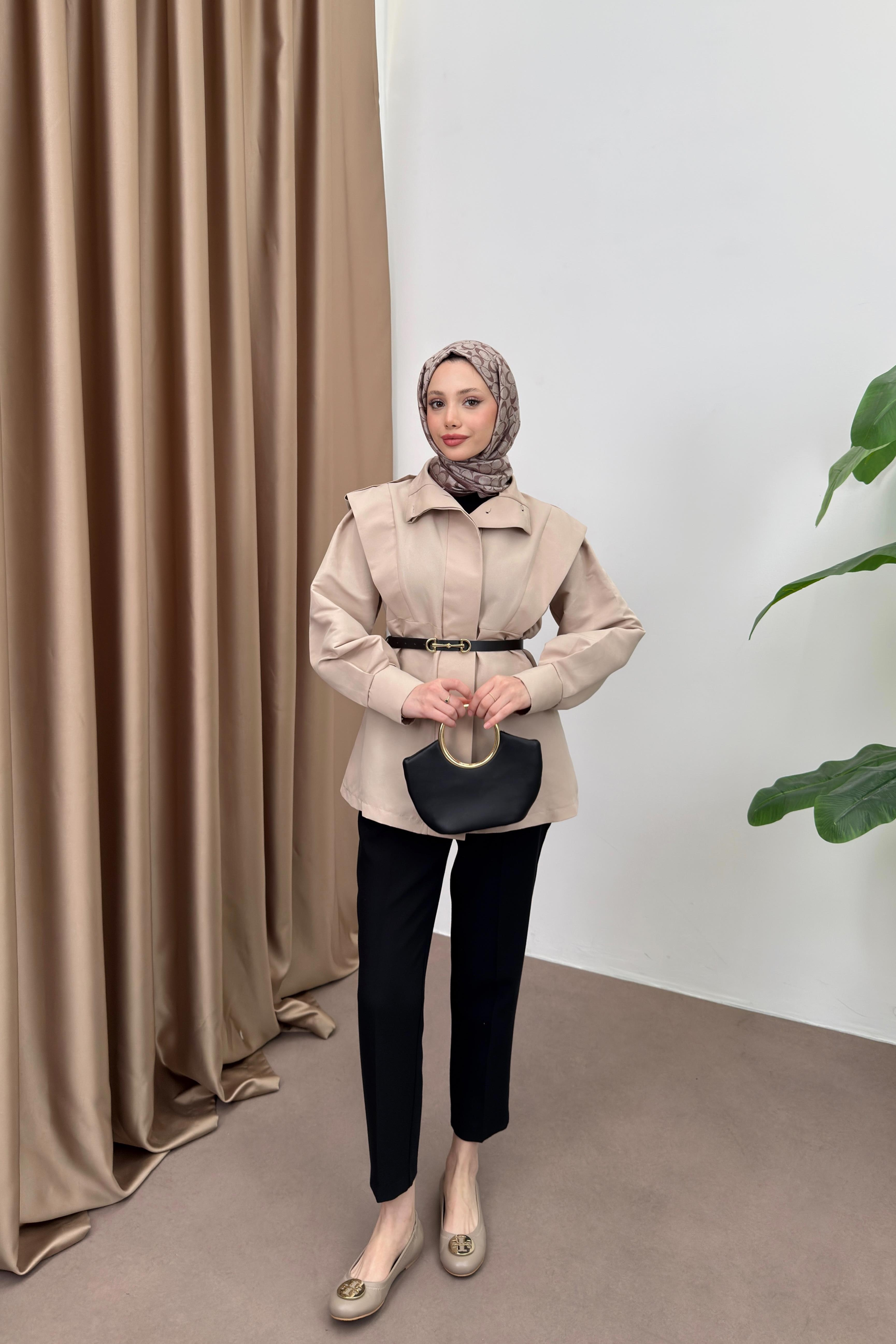 Kemerli Balon Kol Trenç - Bej